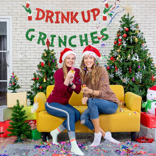 Drink Up Grinches Banner, Glittery Christmas Decorations Banners Winter Holiday Garland Photo Props