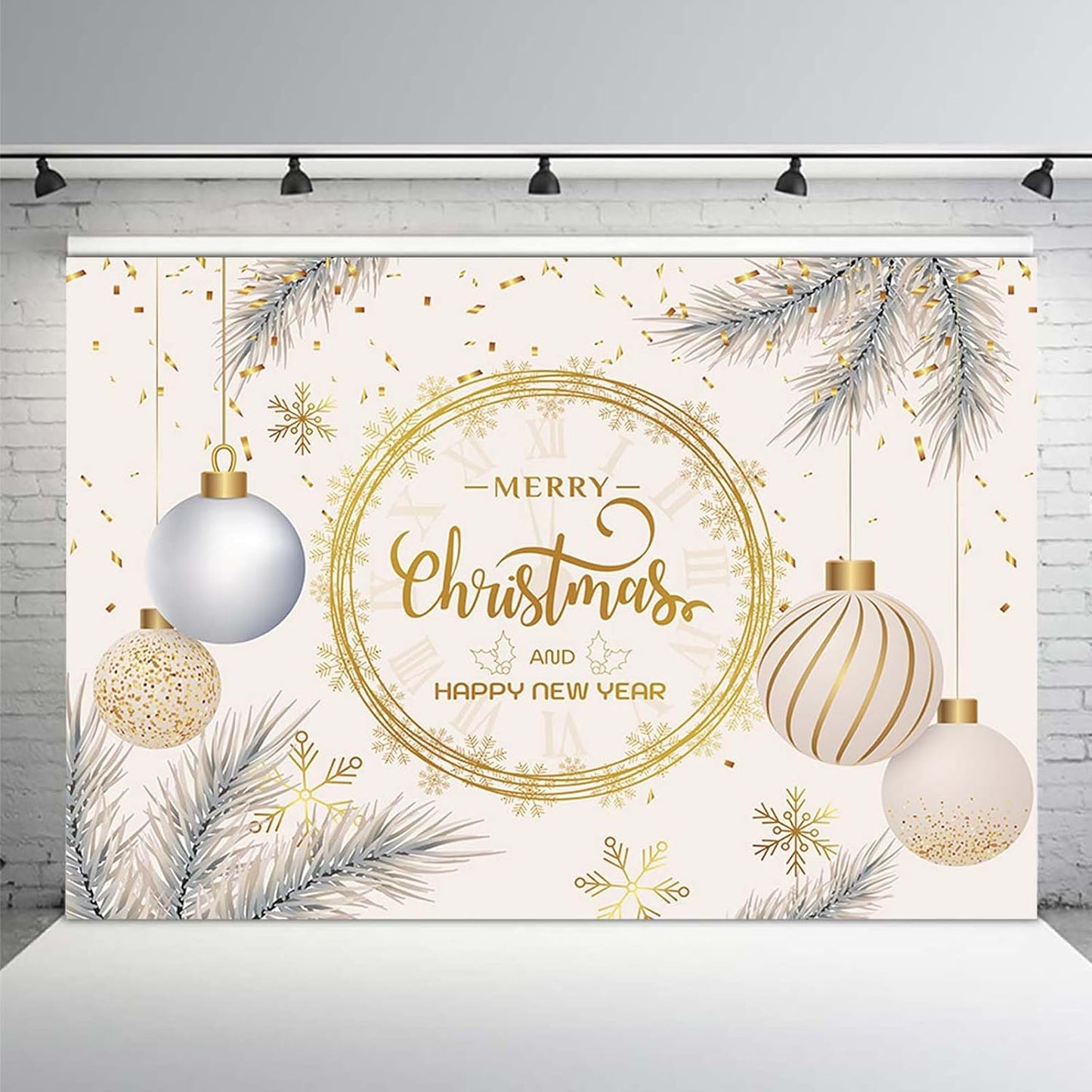 7x5ft Merry Christmas Backdrop Happy New Year Photography Background Christmas New Years Eve Xmas Tree Christmas Ball Festival Party Decoration