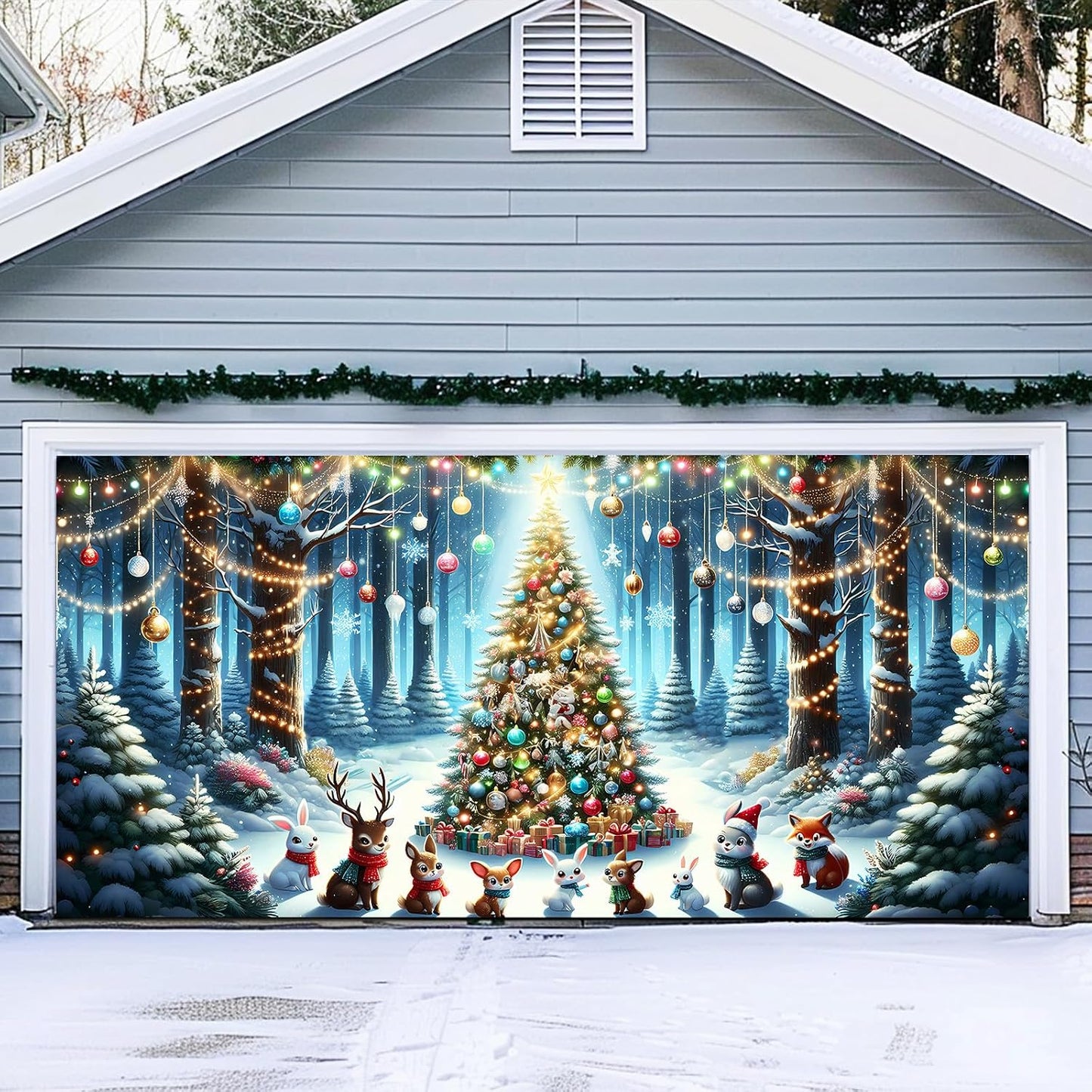 Xmas Garage Door Banner Covering Decor Large Garage Door Christmas Mural Backdrop Background,  13x6 ft