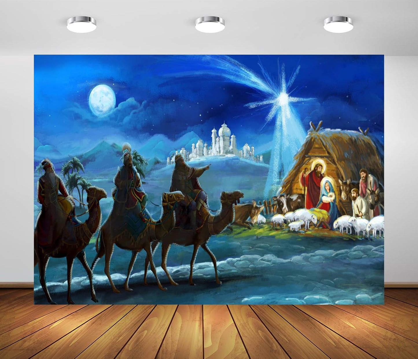 7x5ft Nativity Scene Backdrop Christmas Night Starlight Holy Family and Three Kings Desert Manger Birth of Jesus Backdrop