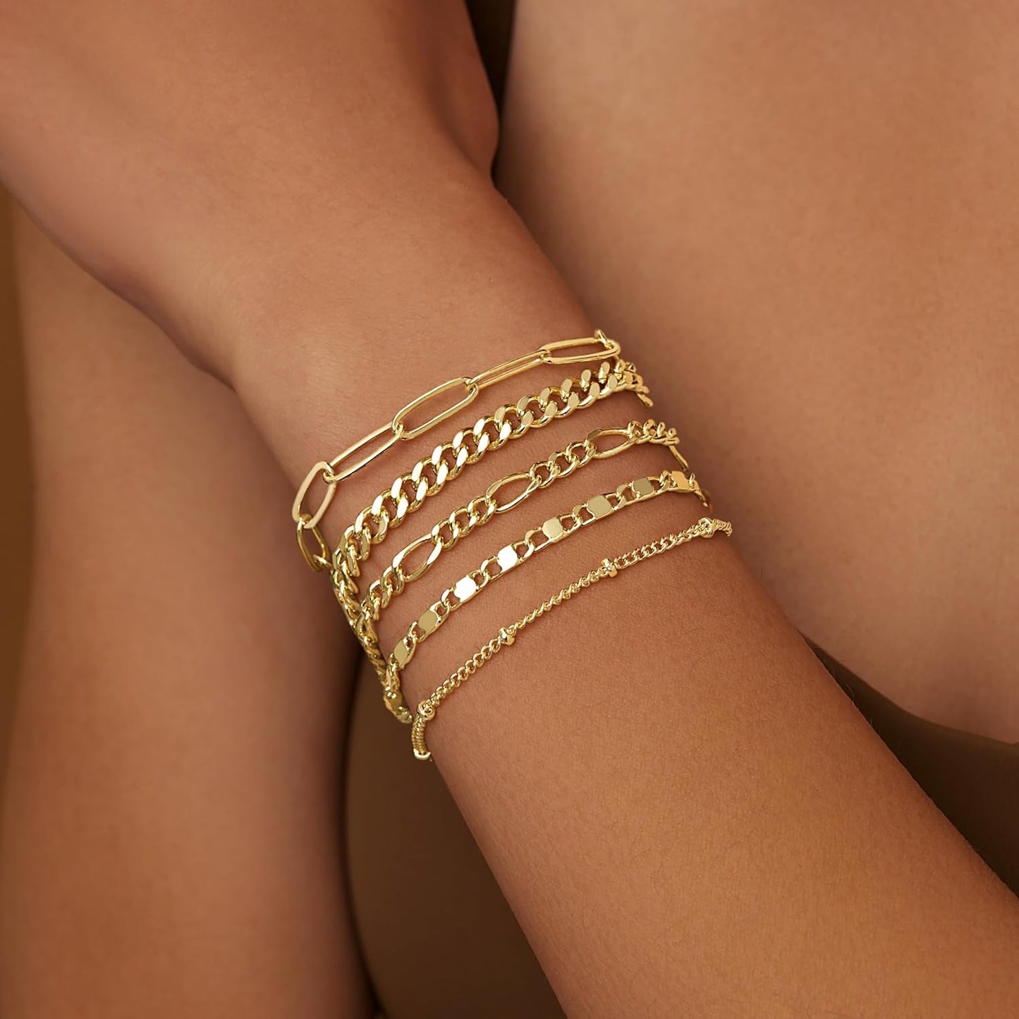 Gold Bracelets Set for Women 14K Real Gold Plated Dainty Gold Link Chain Bracelets for Women Trendy Gold Stackable Cuff Bracelets for Jewelry Gifts Women Adjustable 7"+2"