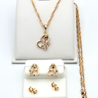 18K Gold Plated Heart Rose Flower Set Pendant * Chain * Earrings Women Necklace Gift