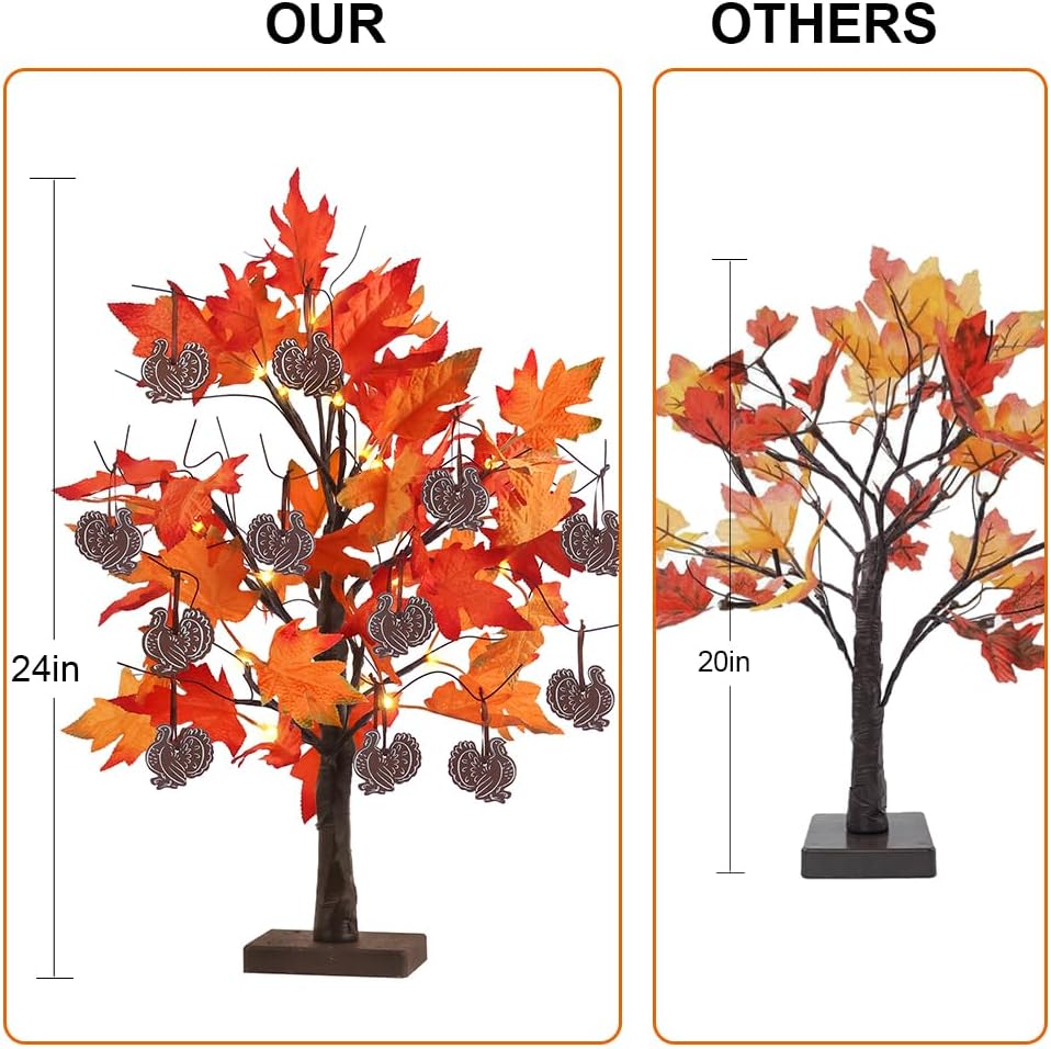 24IN 24LT Lighted Fall Maple Leaves Tree Fall Decor, 2FT Brown Battery Powered Timer Autumn Trees Decorations