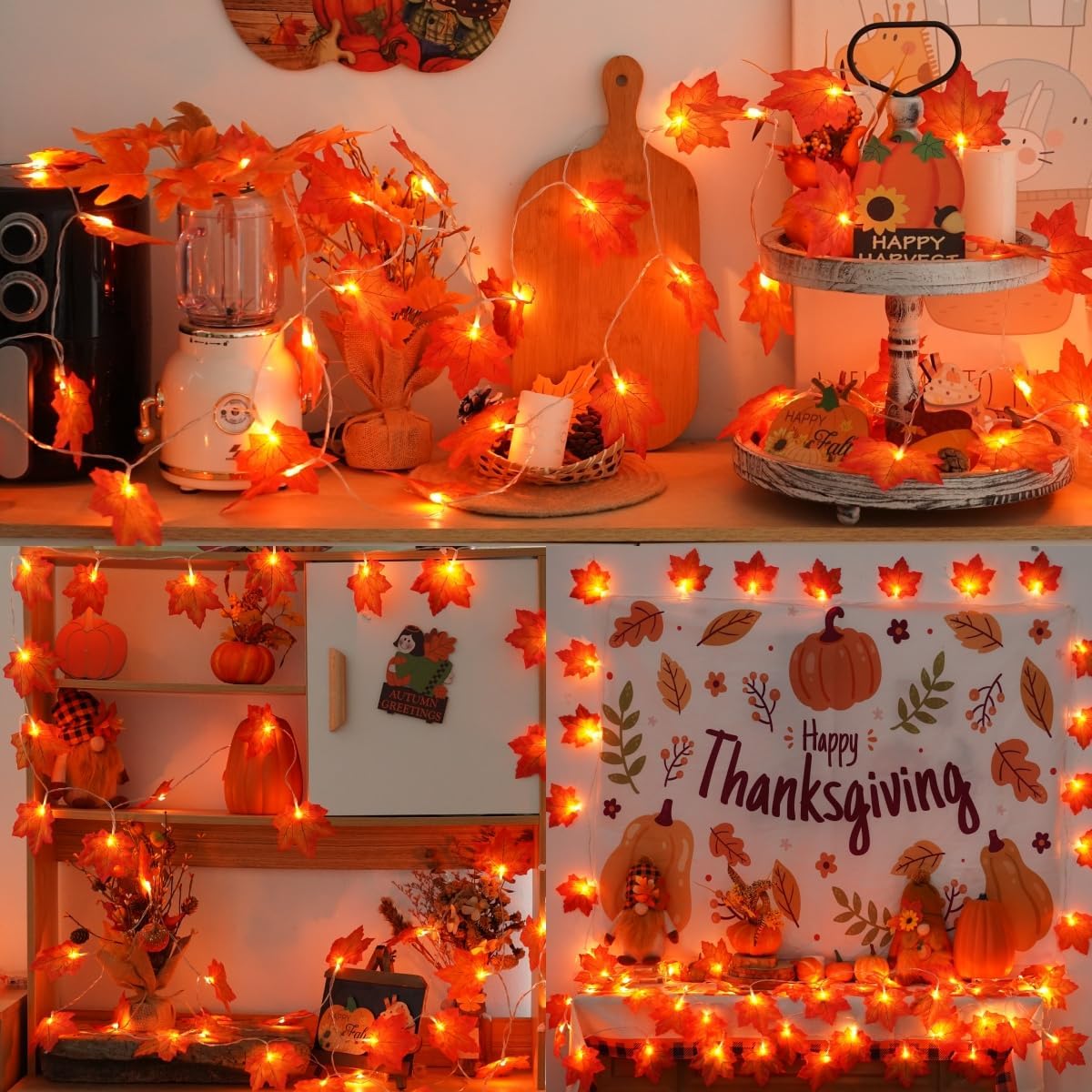 4 PCS LED Lighted Maple Leaves Garland for Halloween and Autumn Decor
