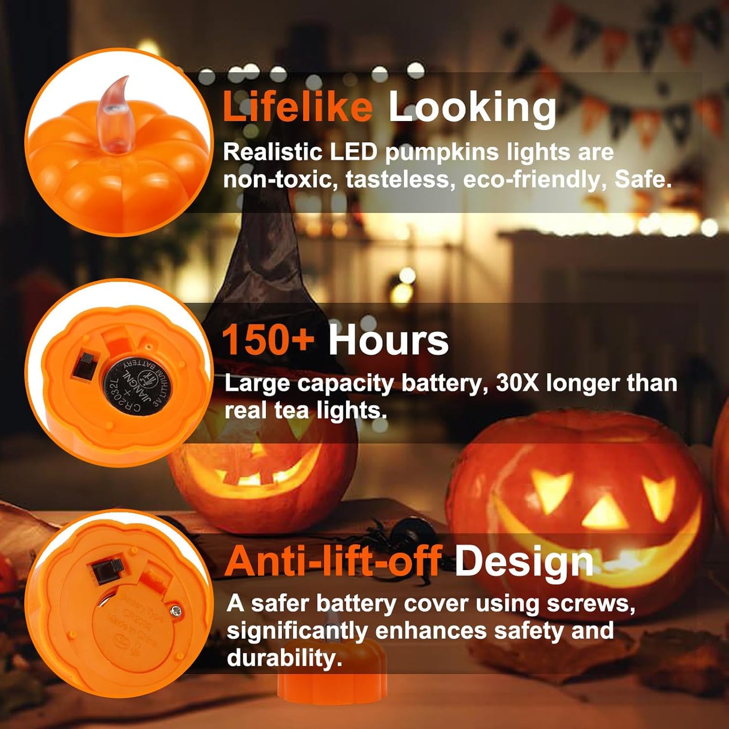 12 Pack LED Orange Pumpkin Lights Flameless Candles Battery Operated, Halloween Flickering Tealight Candle for Home Table Indoor Party Decor