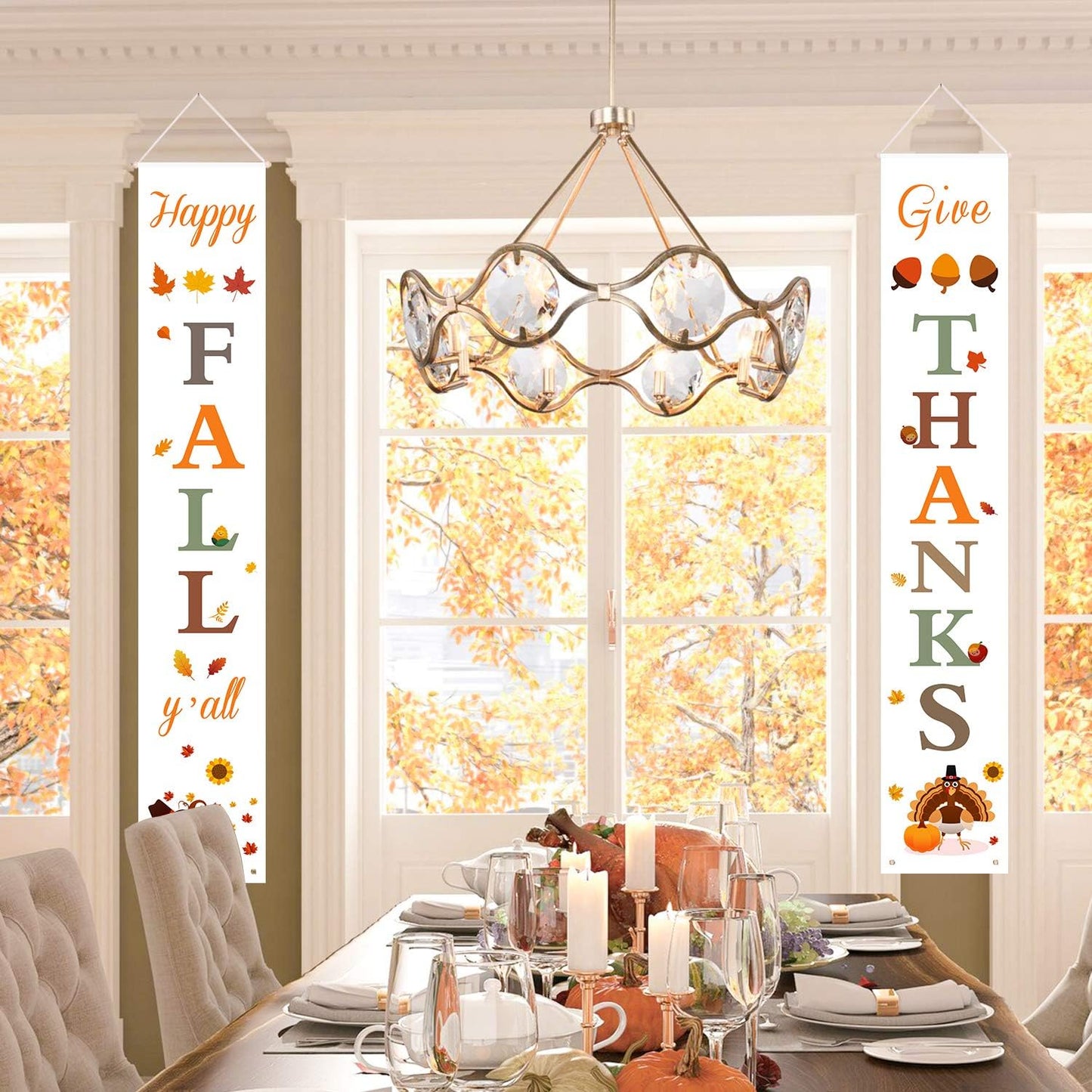 Happy Fall & Give Thanks Porch Banners for Fall Thanksgiving Decorations Indoor and Outdoor