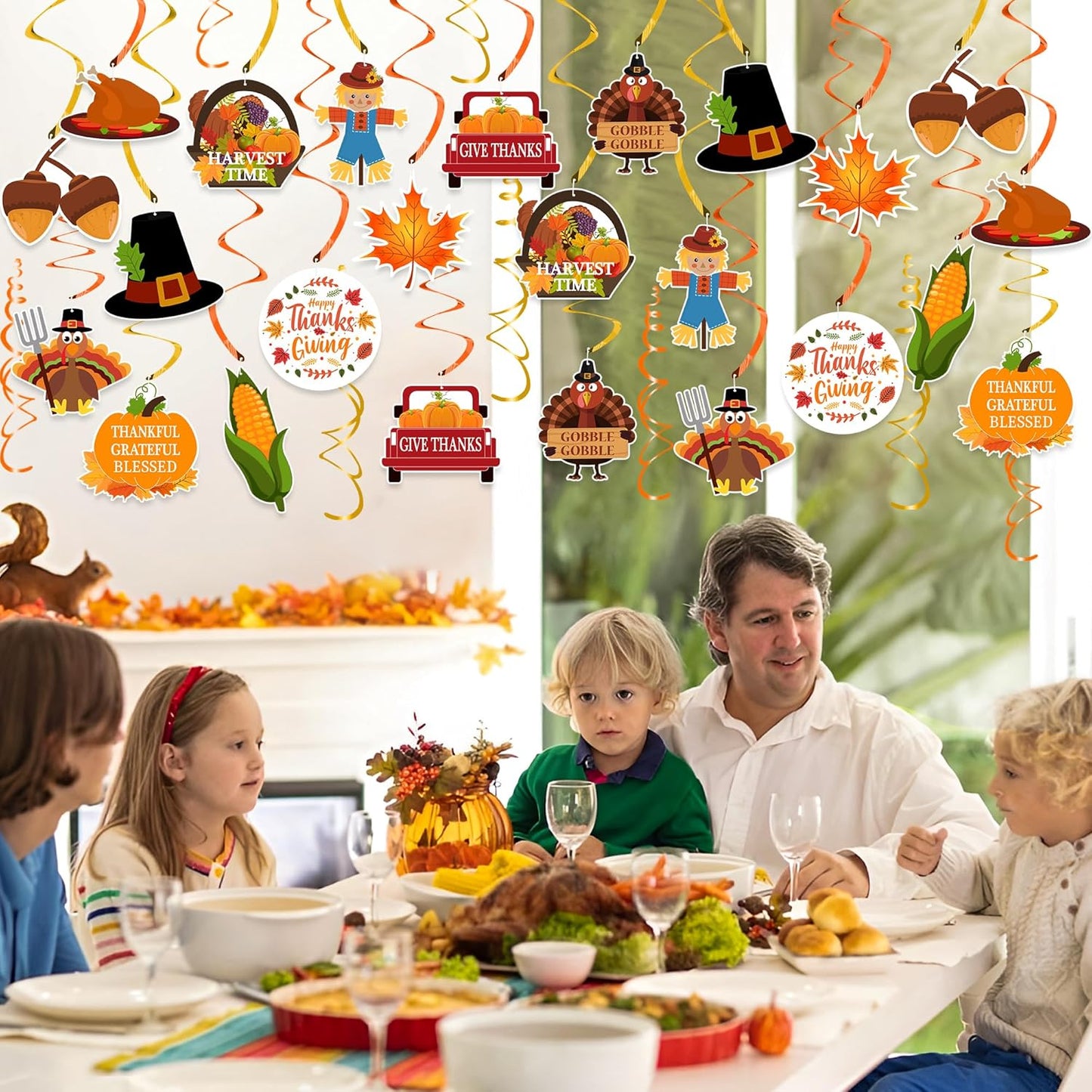 36Pcs Thanksgiving Hanging Ceiling Streamers - Turkey Corns Pumpkin Maple Leaves Swirls for Home Indoor Outdoor