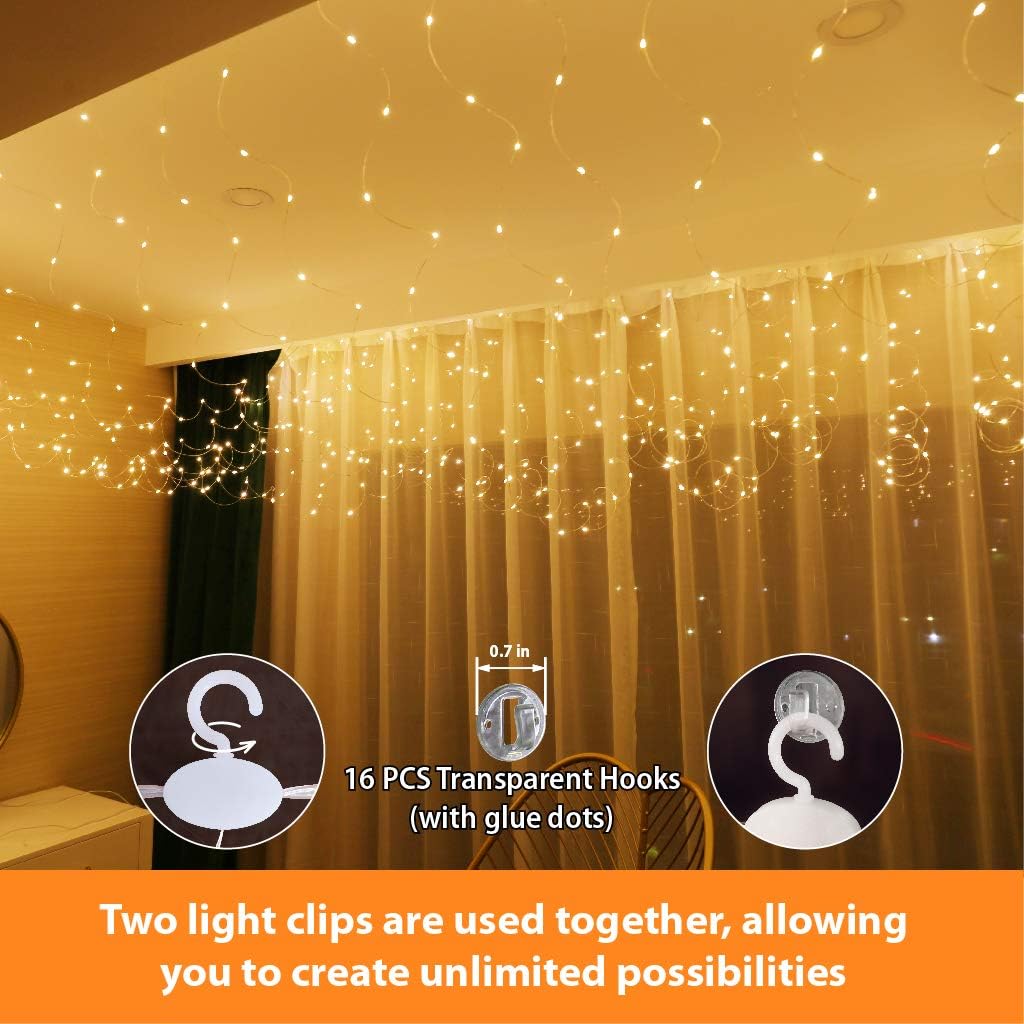 300LED Fairy Curtain Lights, 9.8x9.8Ft Warm White USB Plug in 8 Modes Christmas String Hanging Lights with Remote for Bedroom, Indoor, Outdoor, Weddings, Party (Warm White)