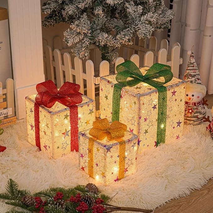 Christmas Lighted Gift Boxes,75 LEDs Pre-lit Light up Xmas Present Boxes Set for Outdoor Indoor Christmas Tree