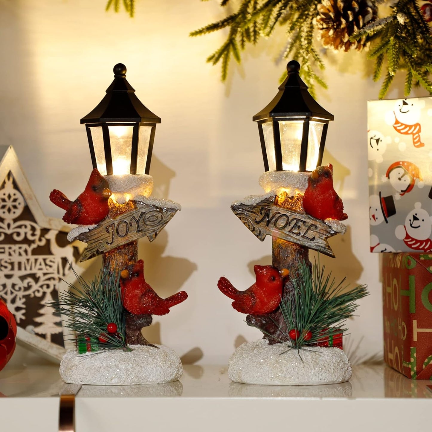 2 Pack Christmas Lighted Table Decorations, Tabletop Figurine, Battery Operated (Red Cardinal)