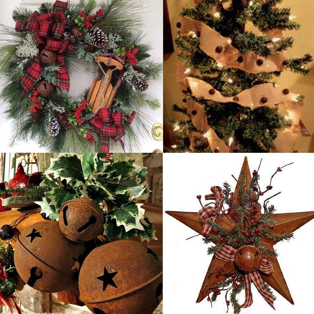 80 Pcs Rusty Metal Christmas Sleigh Bells Jingle Bells Rustic Craft Bell 1-1/2" and Dimensional Mini Rusted Metal Barn Stars