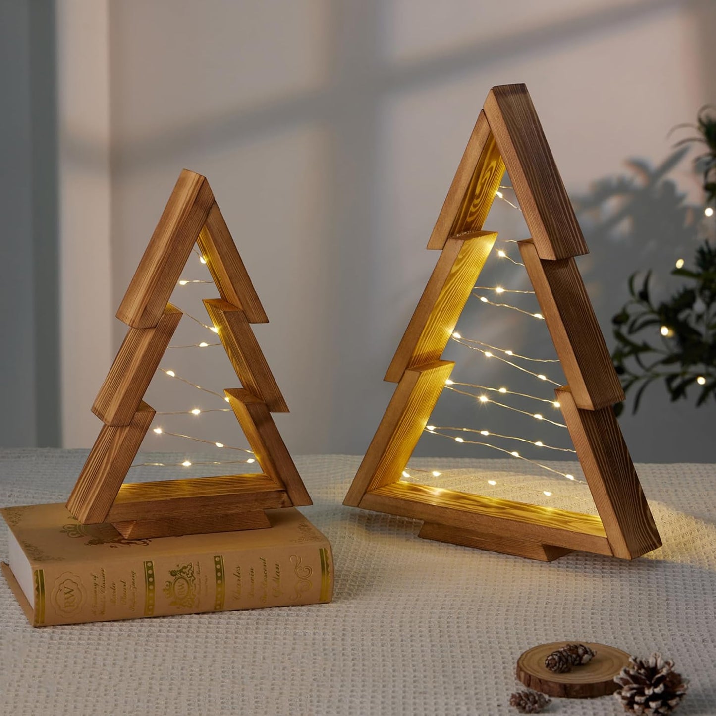 2 Pack Wooden Tabletop Christmas Trees with Lights, Modern Christmas Decorations Indoor, Farmhouse Christmas Decor