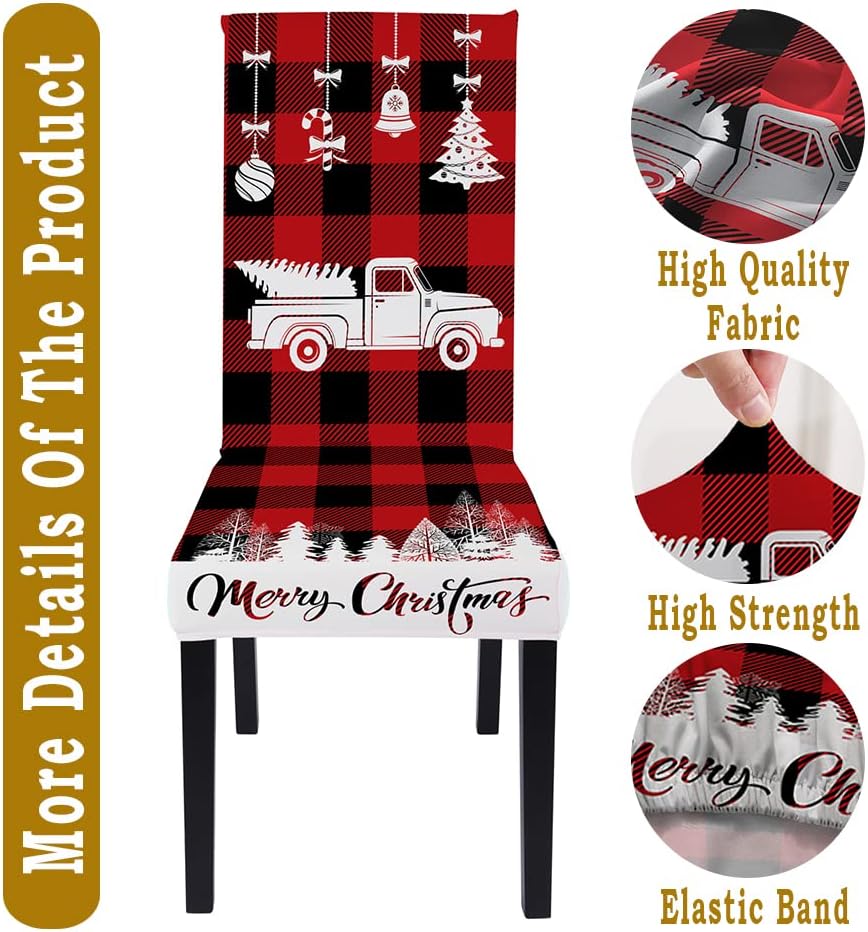 Set of 6 Car Print Dining Chair Slipcovers Stretch Xmas Parsons Chair Slipcovers, Red Buffalo Plaid