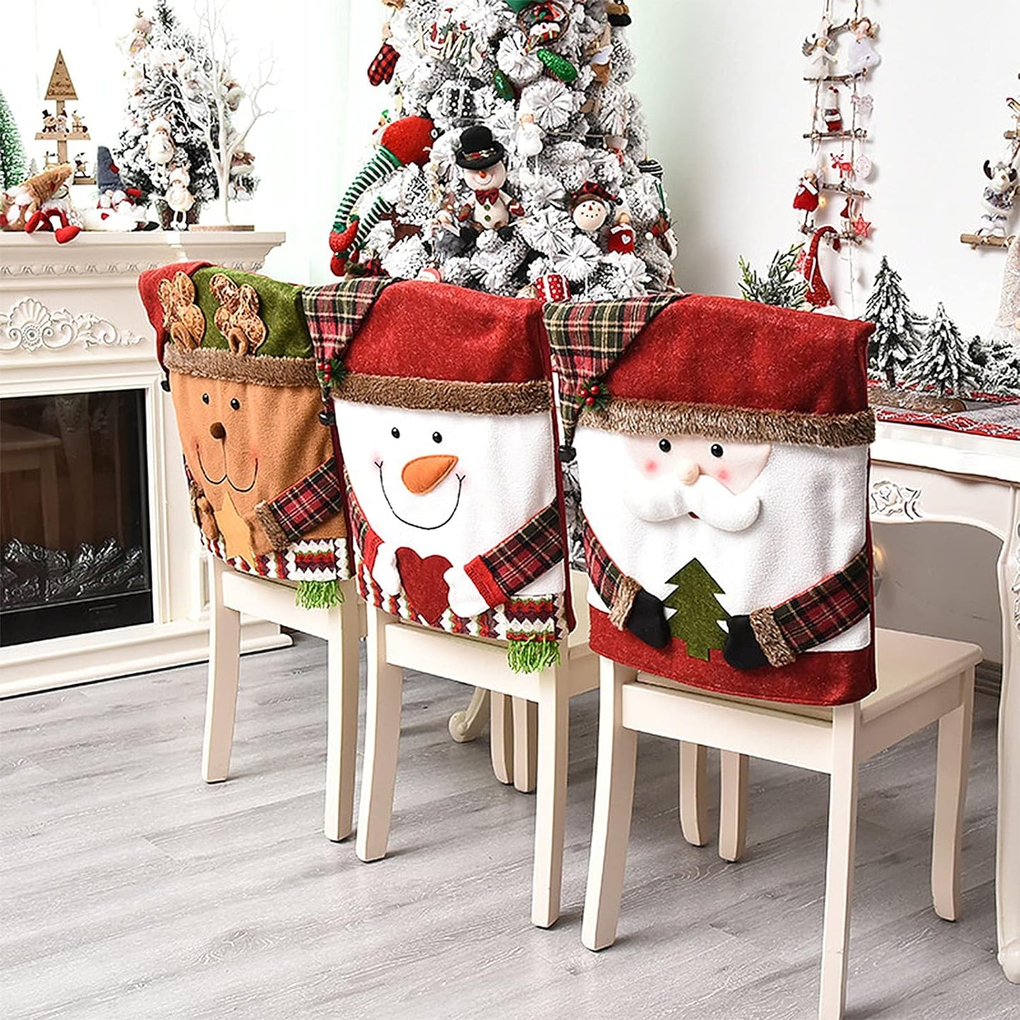 6 Pcs Christmas Chair Back Cover for Dining Room, Santa Claus Snowman Reindeer Xmas Dinner Chairs Cover