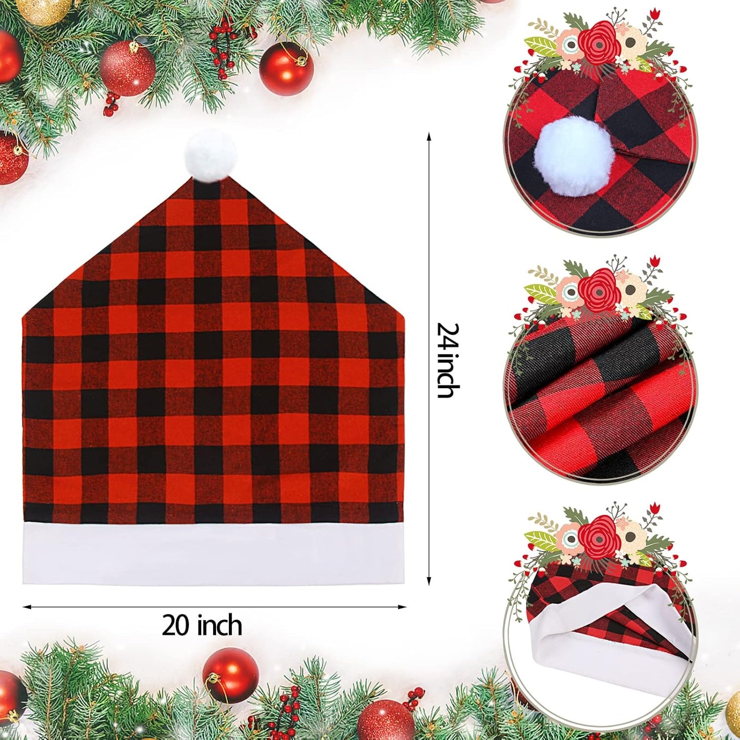 6pcs Christmas Chair Back Cover, Black and Red Grid Chair Slipcovers Hat Buffalo Plaid Christmas Back Covers