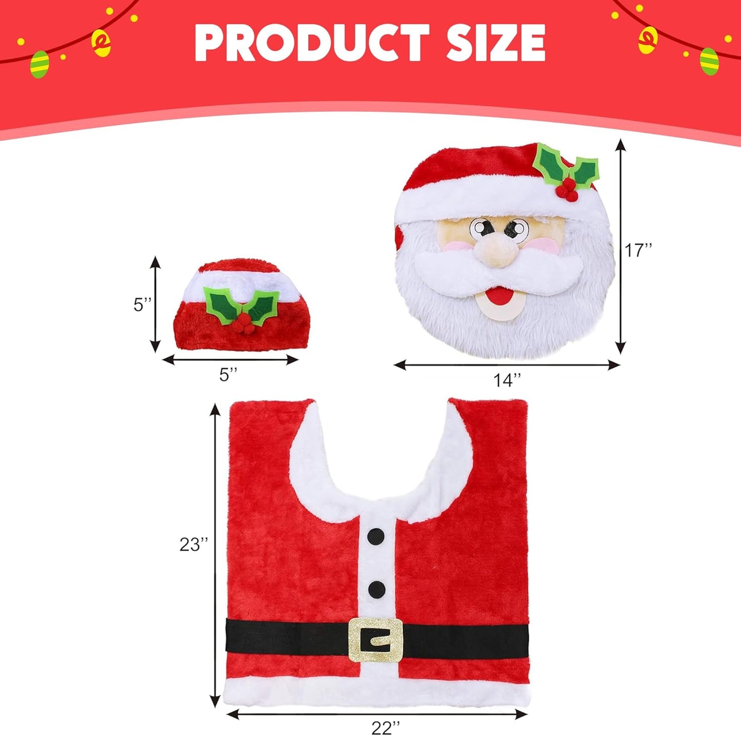 5 Pieces Christmas Theme Bathroom Decoration Set w/Toilet Seat Cover, Rugs, Tank Cover, Toilet Paper Box Cover, Santa