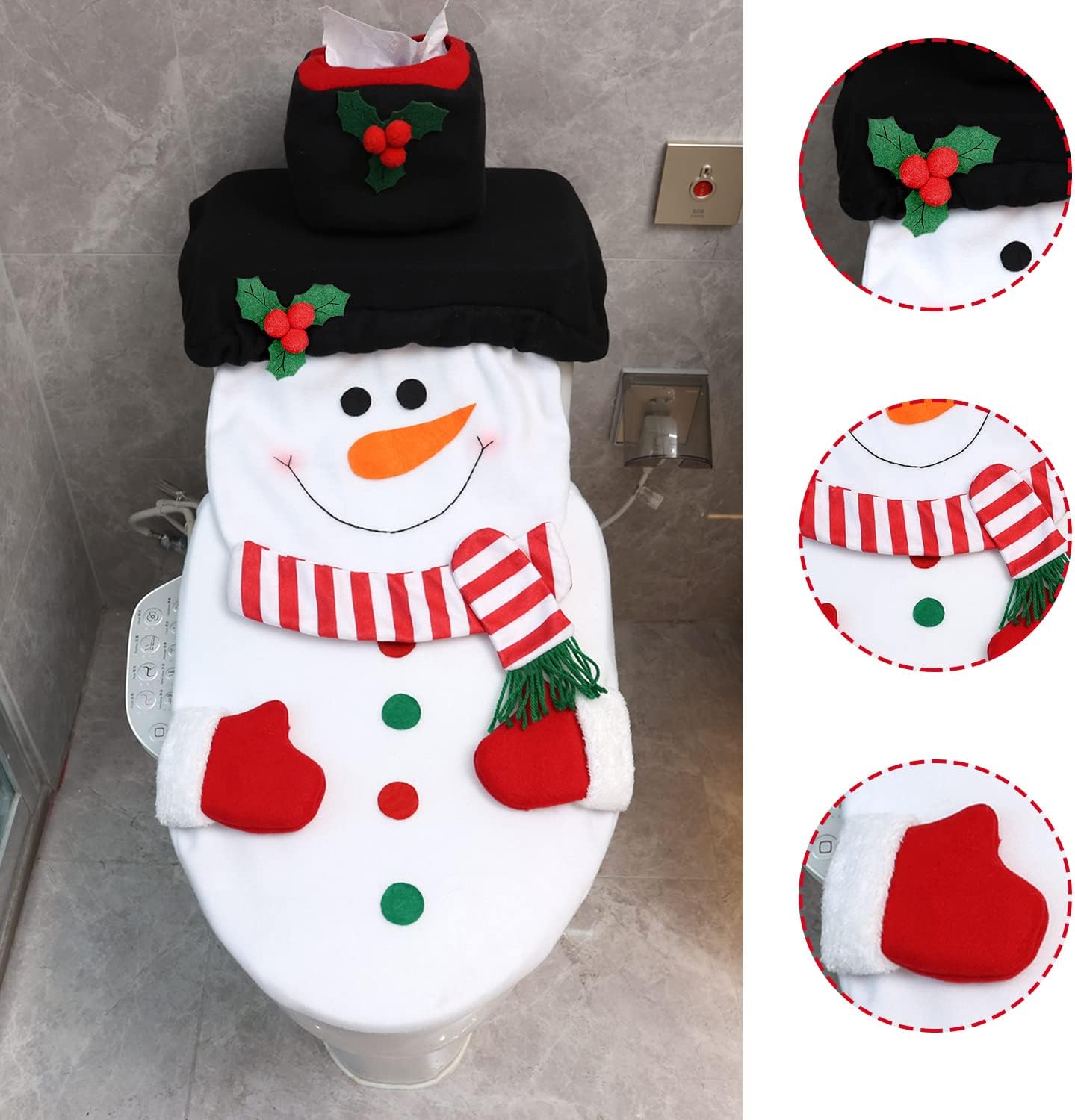 4 PCS Snowman Bathroom Decor Xmas White Toilet Lid Tank Cover, Toilet Paper Box Cover Towel for Christmas Decorations Indoor Home