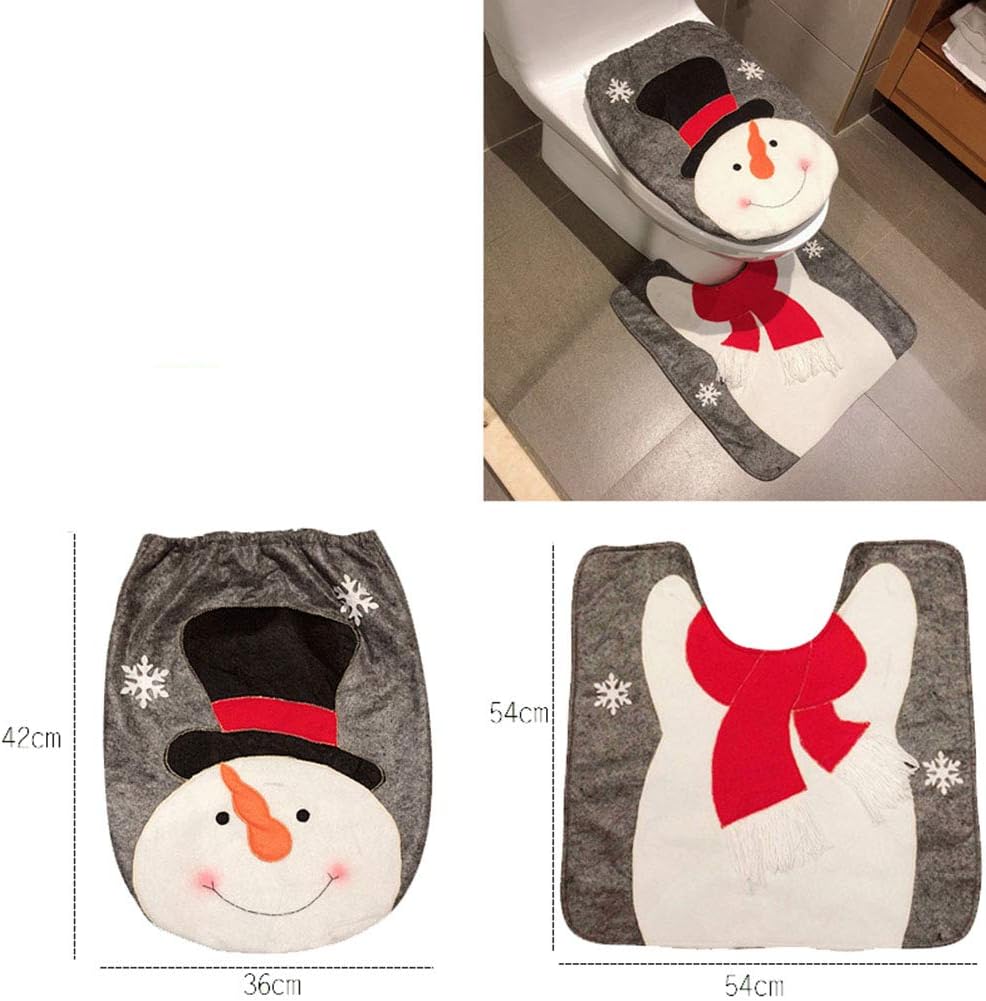 Christmas Snowman Toilet Seat Cover and Rug Set Red Christmas Decorations Bathroom (Snowman Style 2)