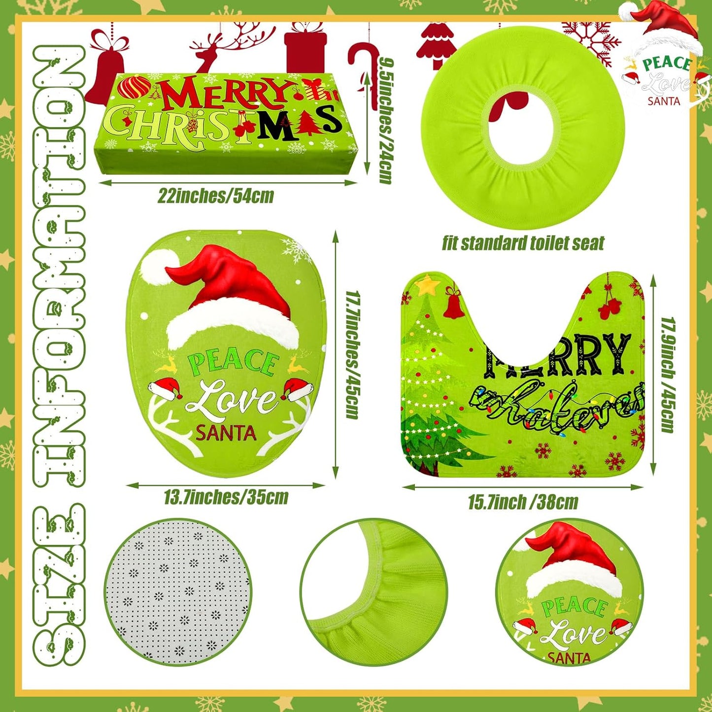 4 Pcs Green Toilet Seat Cover Set Whimsical Christmas Btthroom Decoration