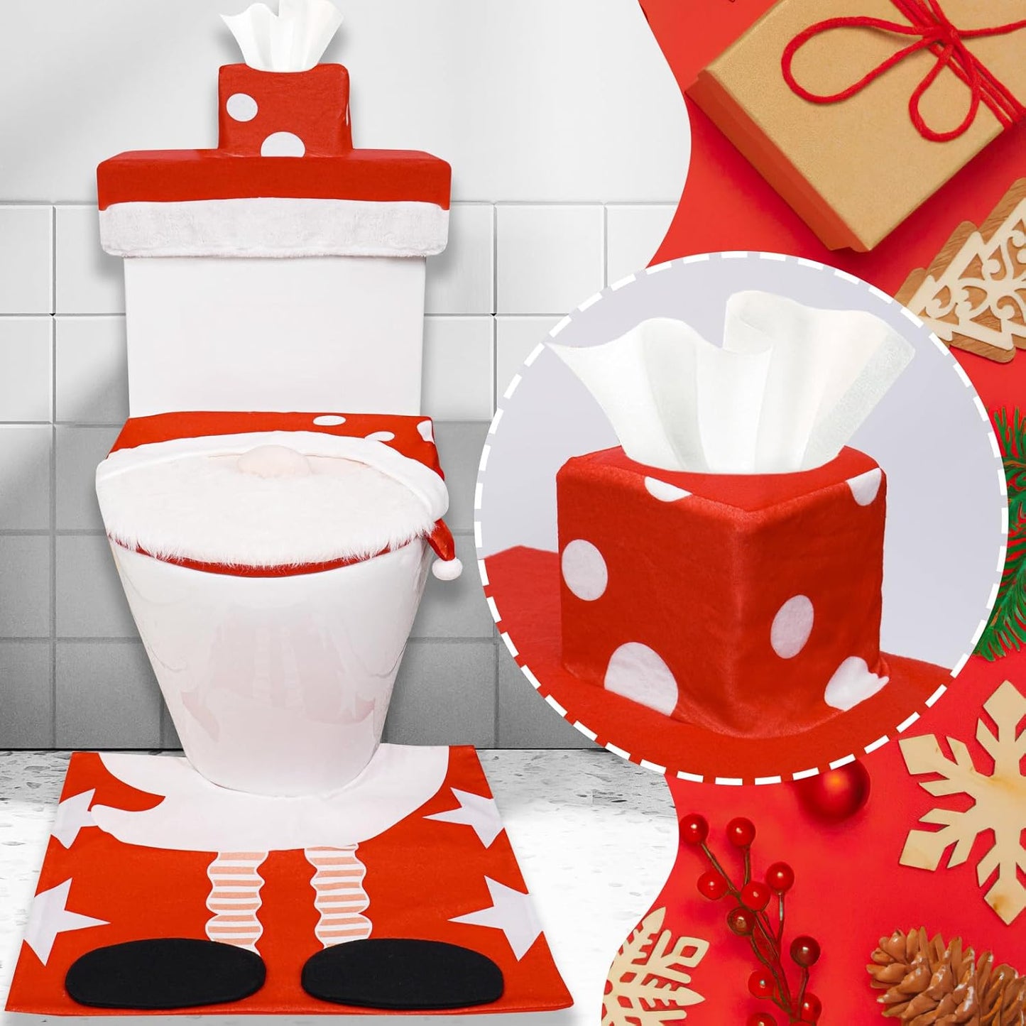 3 PCS Christmas Bathroom Sets Christmas Toilet Seat Cover Decorations, 3D Santa Gnome Toilet Lid Tank Cover Tissue Box