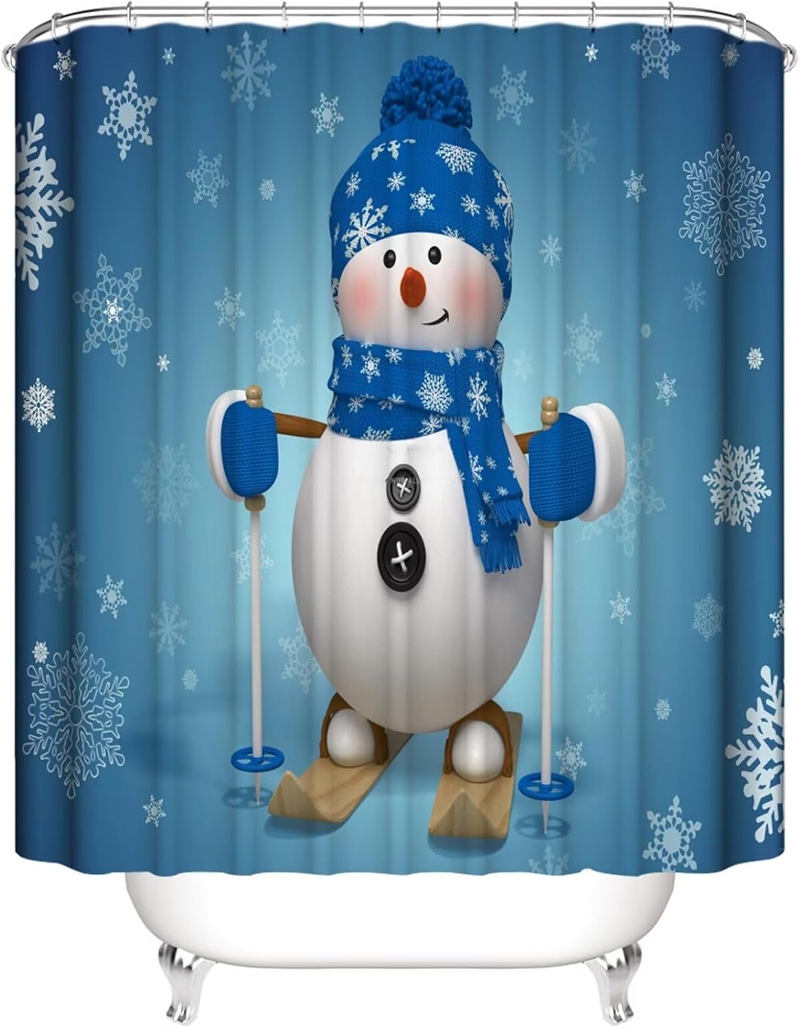 4Pcs Christmas Snowman Shower Curtain Sets Winter Snowflake Blue Bathroom Set Decor with Non-Slip Rugs Bath U-Shaped Mat Toilet Lid Cover