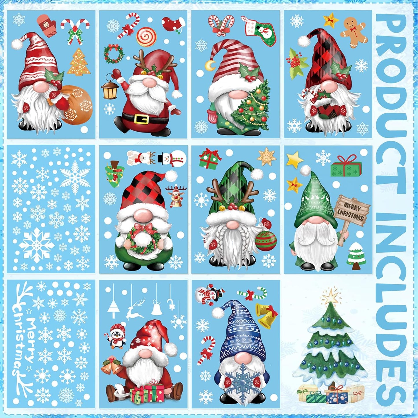 Christmas Window Clings 11 Sheets, Christmas Gnome Snowflake Window Decals Stickers