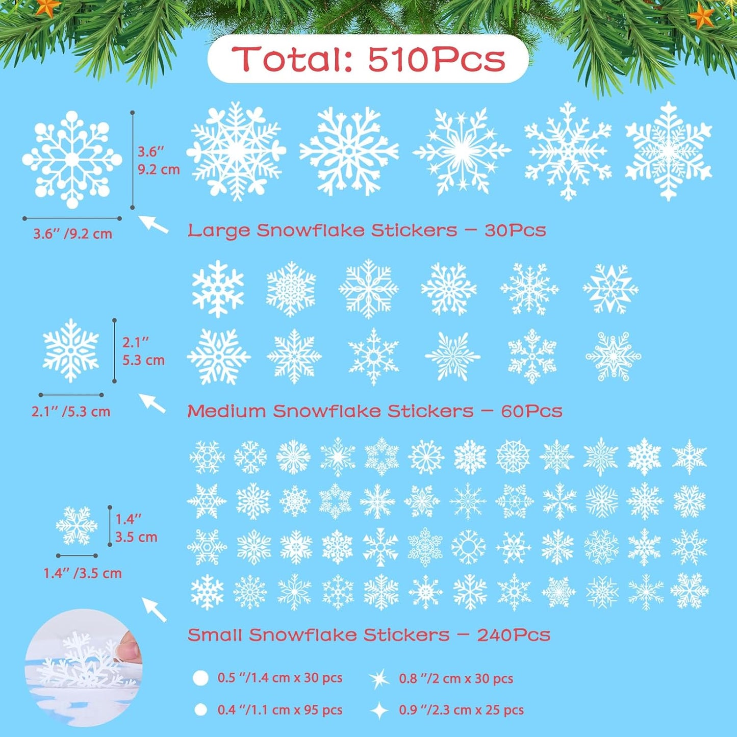 510 Pcs 10 Sheet Double-Sided Christmas Window Clings, Christmas Snowflake