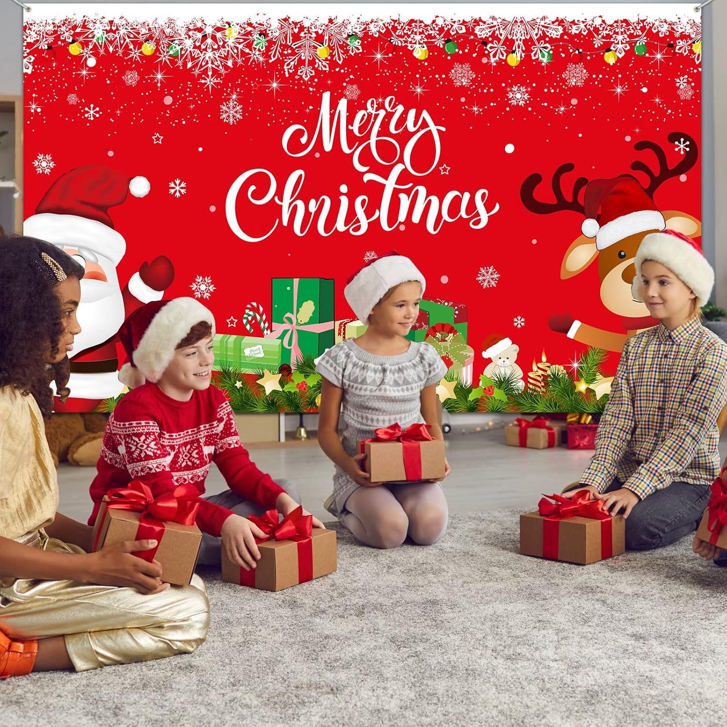 Christmas Banner Backdrop Santa Claus Reindeer Merry Christmas Banner Indoor for Xmas Holiday Party Photo Booth 72.8 X 43.3 Inch(Red, Solid-Color Pattern)