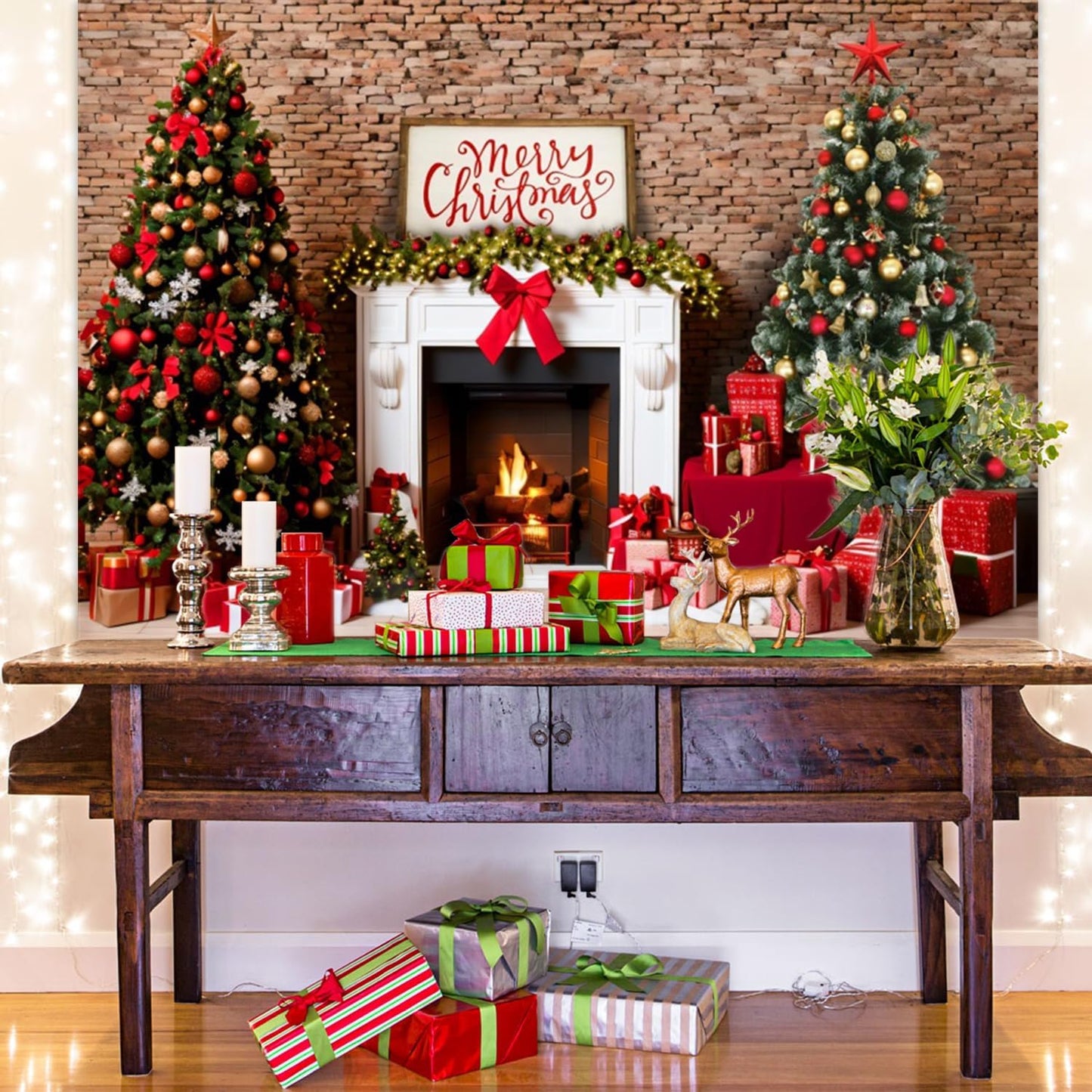 8x6ft Merry Christmas Fireplace Backdrop Xmas Trees New Year Fireplace Photo Background Santa