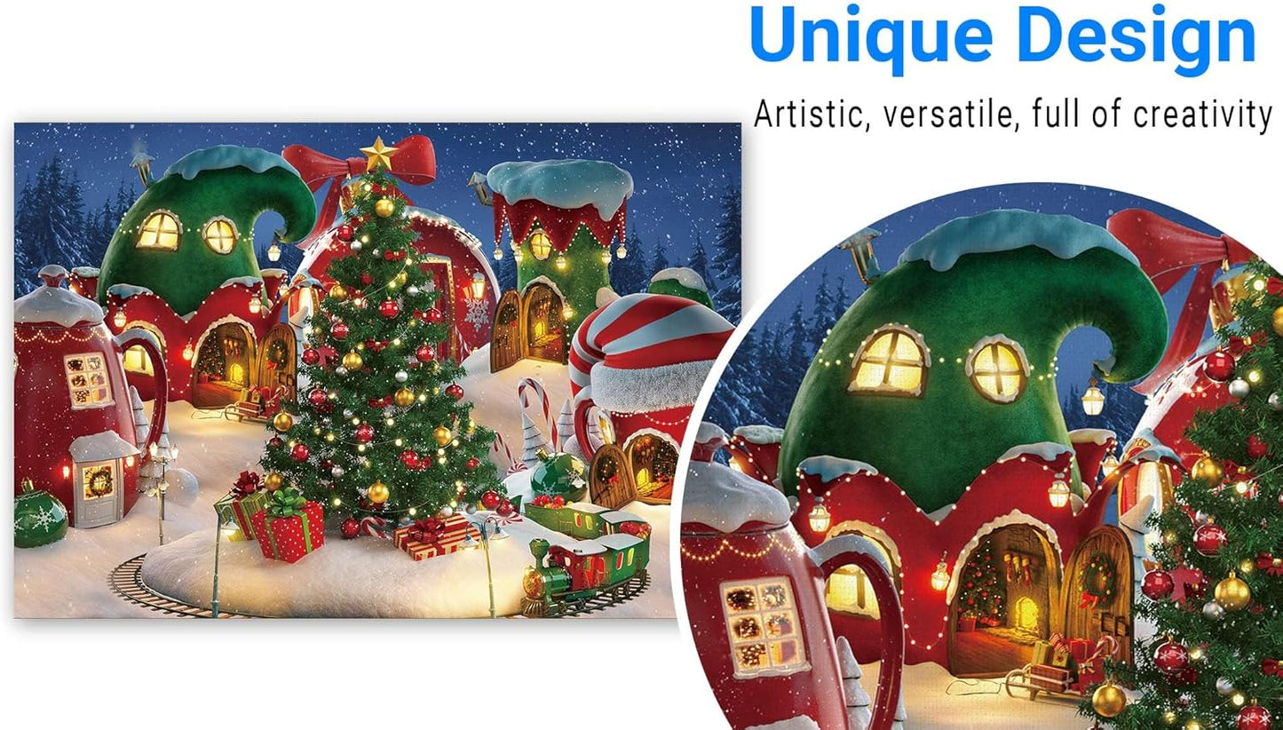 7x5FT Cartoon Christmas Village Photography Backdrop Winter Snow Pine Tree Background Xmas Fairy Tale Animated Kid Party Photo Booth Banner Supplies