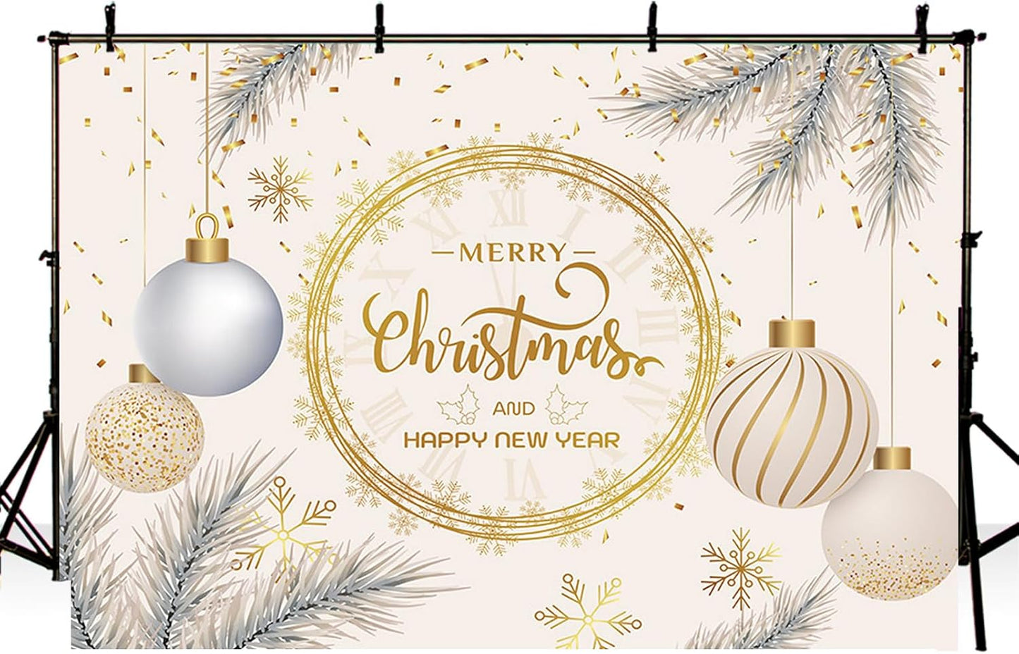 7x5ft Merry Christmas Backdrop Happy New Year Photography Background Christmas New Years Eve Xmas Tree Christmas Ball Festival Party Decoration