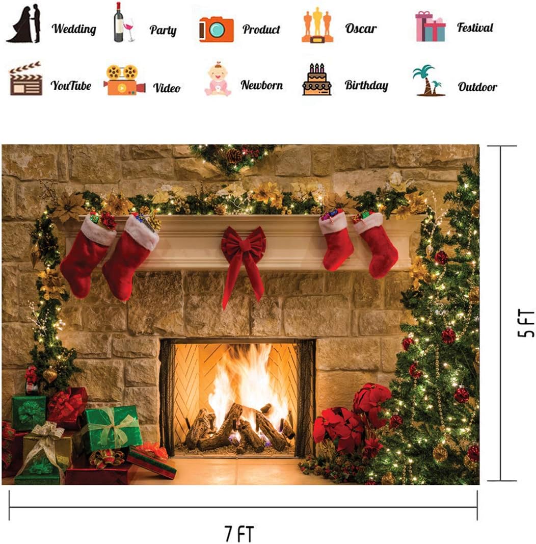 7x5ft Christmas Fireplace Backdrop for Family Portrait Studio Winter Decorations and Photo Background