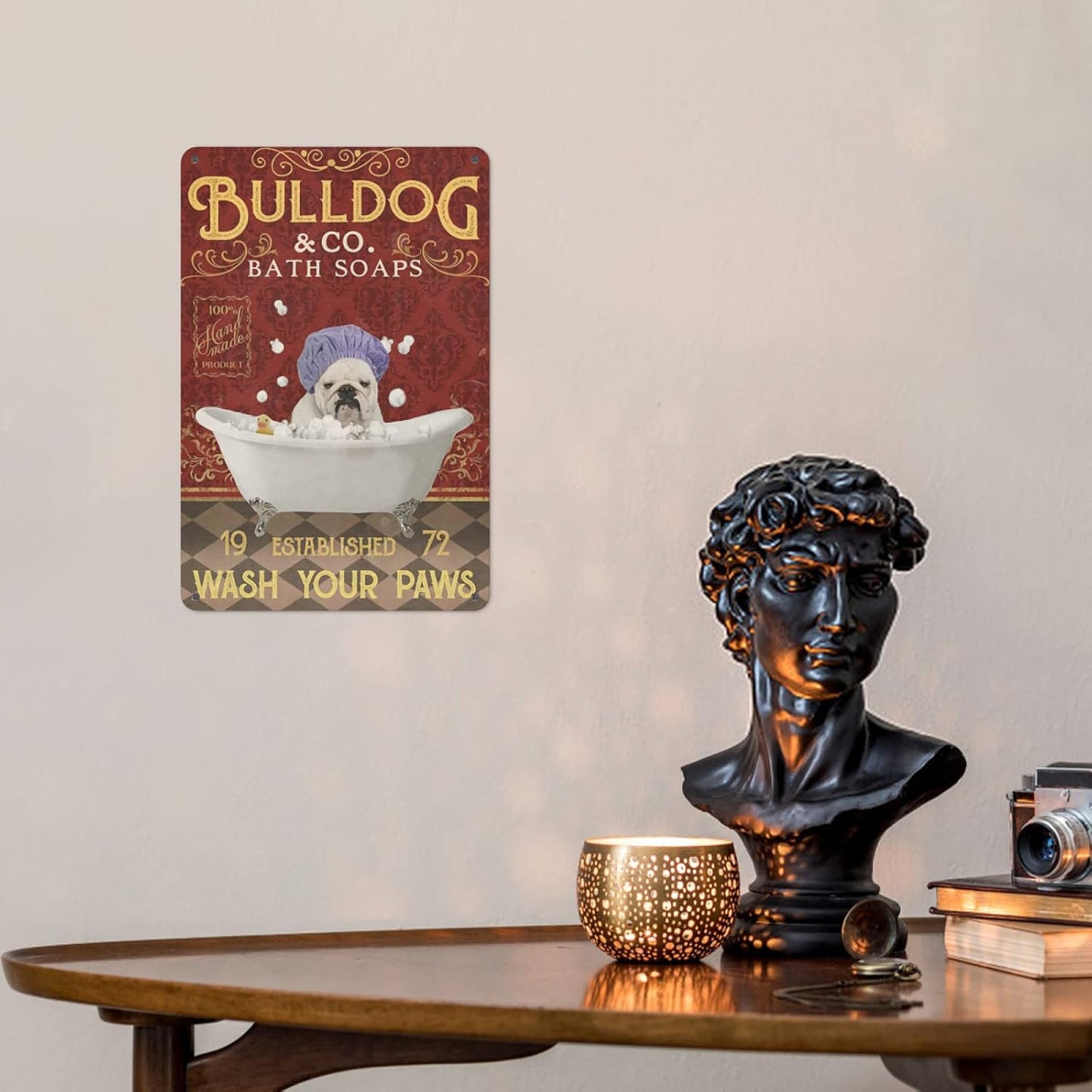 Bulldog Bath Wah Your Paws Poster Metal Signs Wall Art Decor,  8 x 12 inches