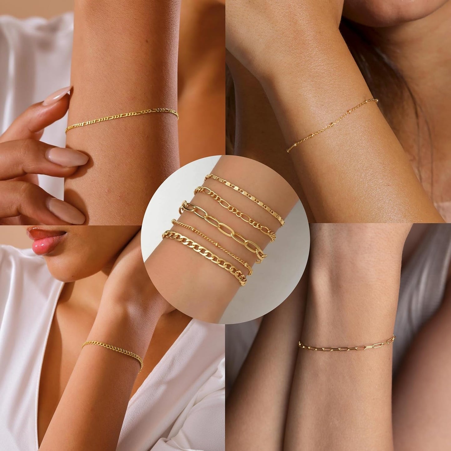 Gold Bracelets Set for Women 14K Real Gold Plated Dainty Gold Link Chain Bracelets for Women Trendy Gold Stackable Cuff Bracelets for Jewelry Gifts Women Adjustable 7"+2"