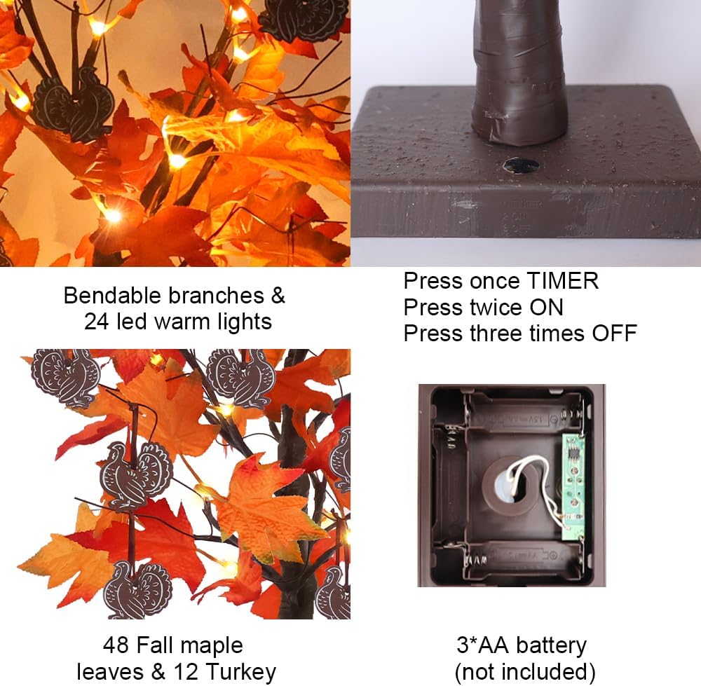 24IN 24LT Lighted Fall Maple Leaves Tree Fall Decor, 2FT Brown Battery Powered Timer Autumn Trees Decorations