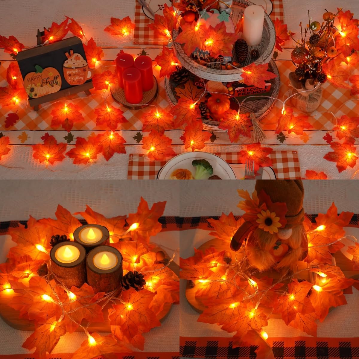 4 PCS LED Lighted Maple Leaves Garland for Halloween and Autumn Decor