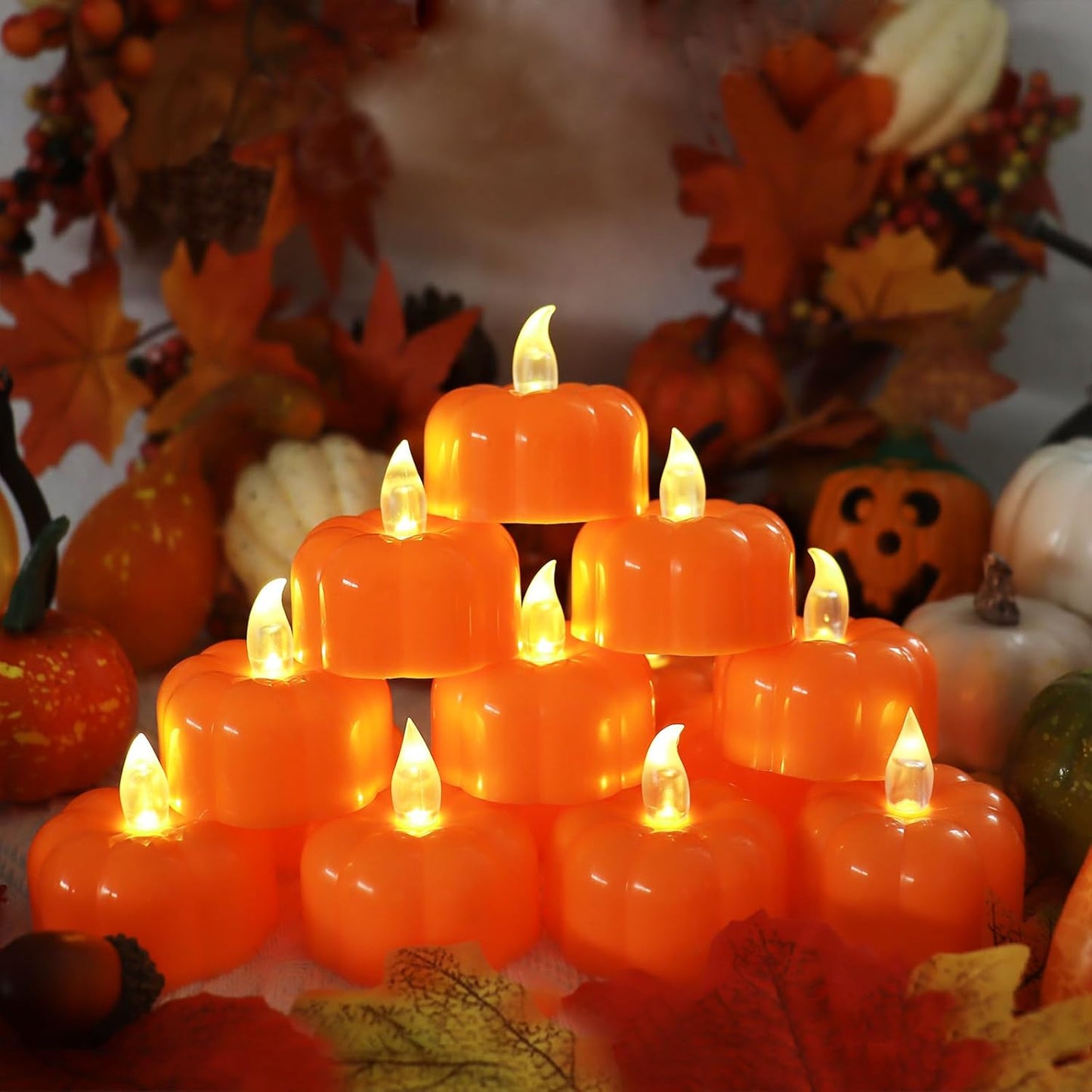 12 Pack LED Orange Pumpkin Lights Flameless Candles Battery Operated, Halloween Flickering Tealight Candle for Home Table Indoor Party Decor