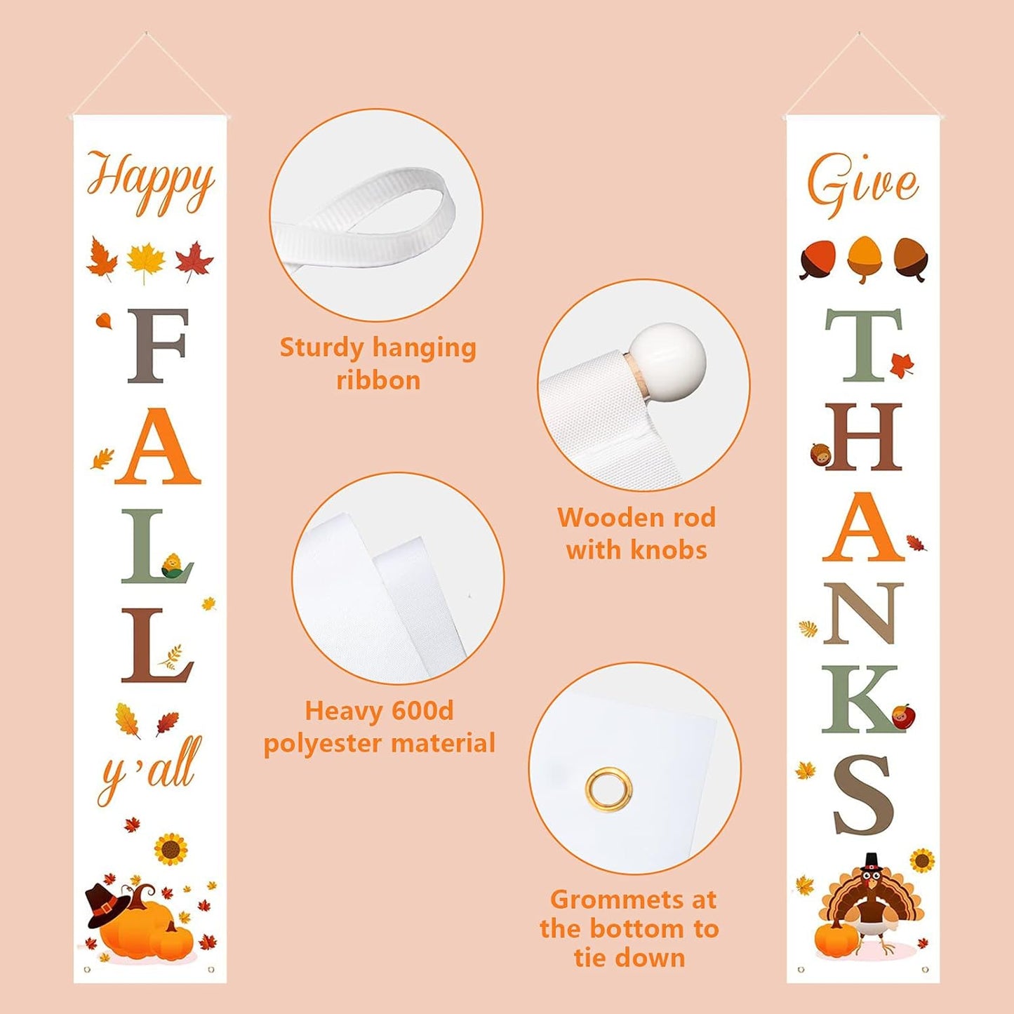 Happy Fall & Give Thanks Porch Banners for Fall Thanksgiving Decorations Indoor and Outdoor