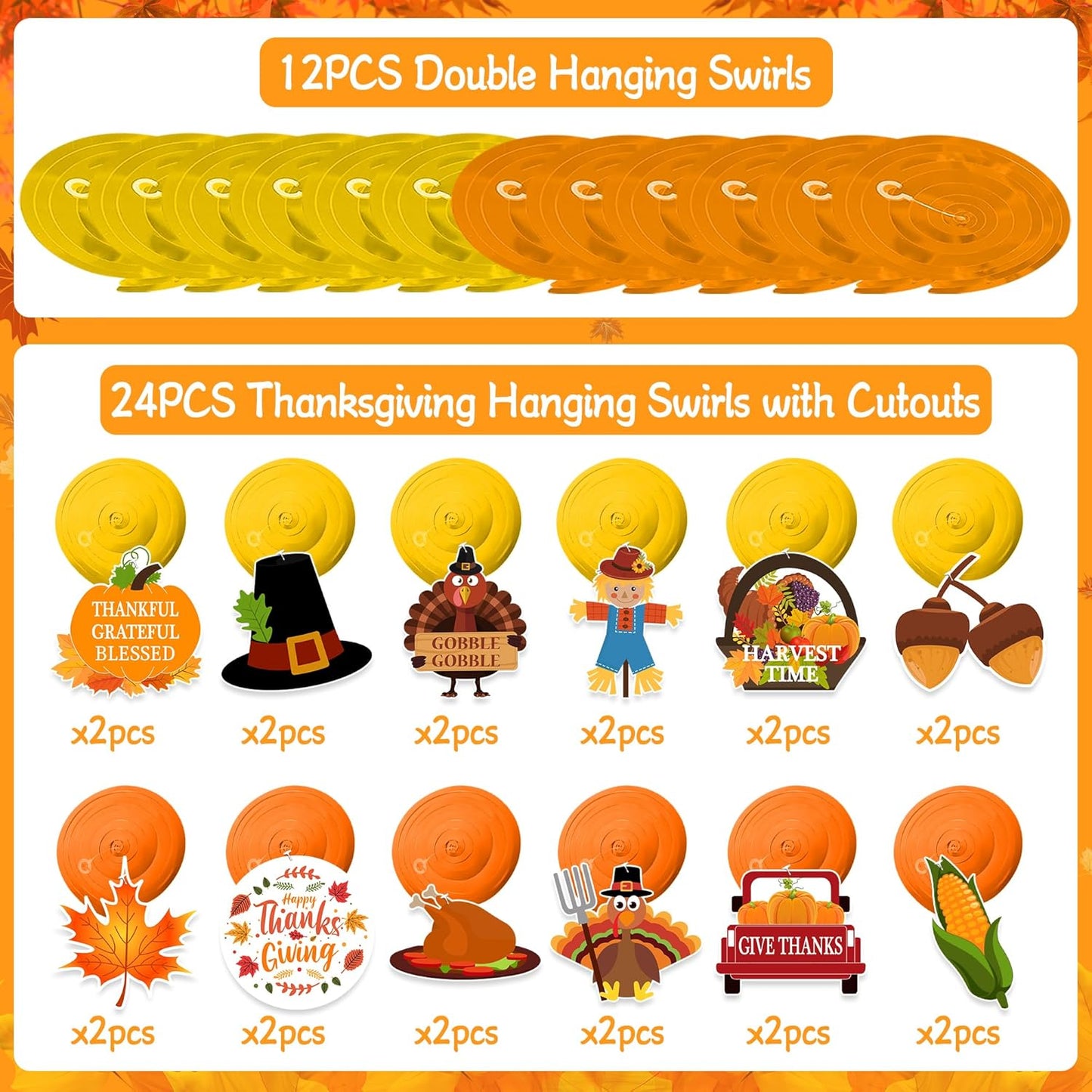 36Pcs Thanksgiving Hanging Ceiling Streamers - Turkey Corns Pumpkin Maple Leaves Swirls for Home Indoor Outdoor