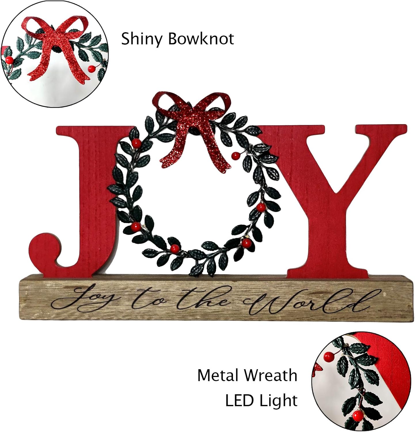 LED Lighted Joy Sign with Wreath Farmhouse Wooden Rustic Tabletop Decorative Sign