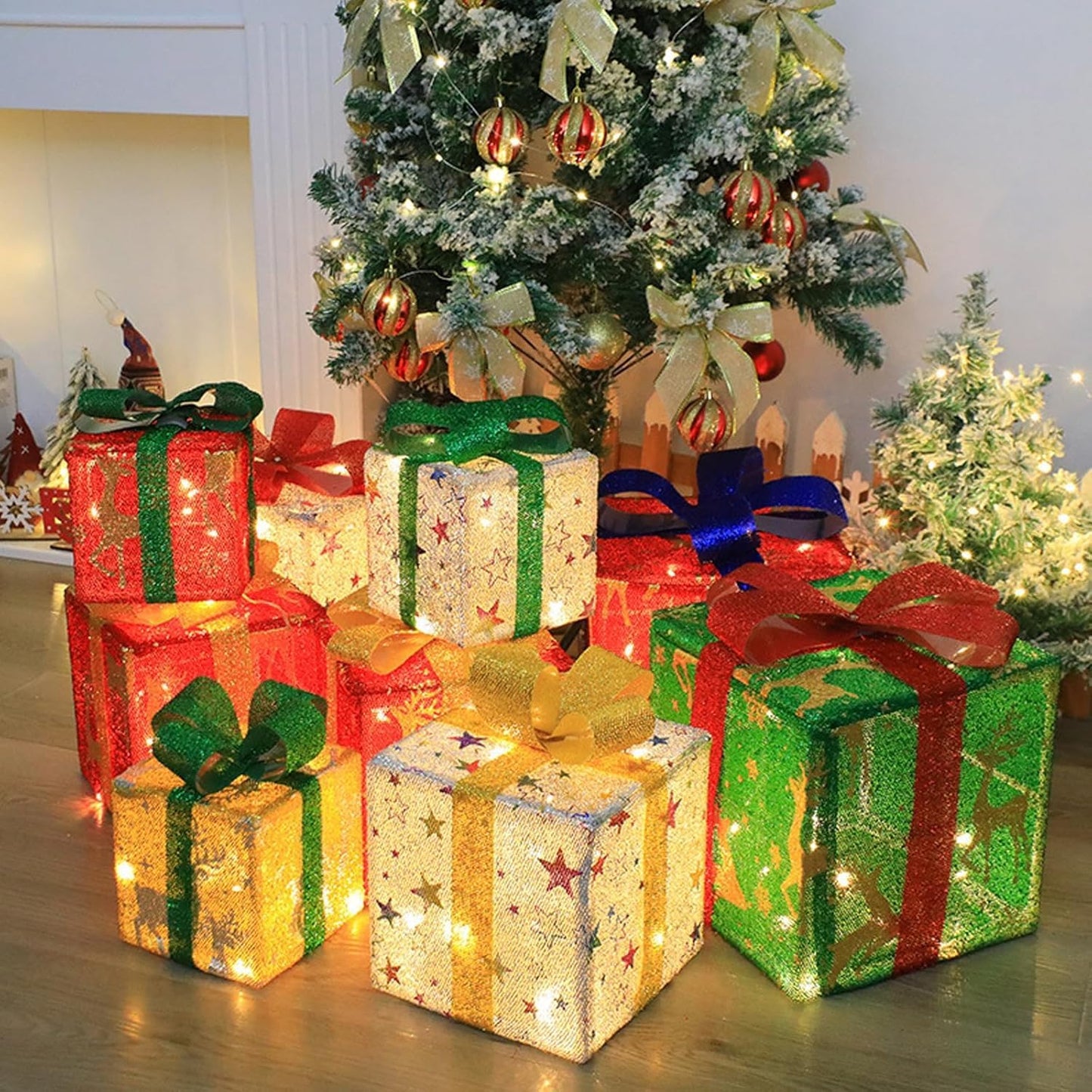 Christmas Lighted Gift Boxes,75 LEDs Pre-lit Light up Xmas Present Boxes Set for Outdoor Indoor Christmas Tree