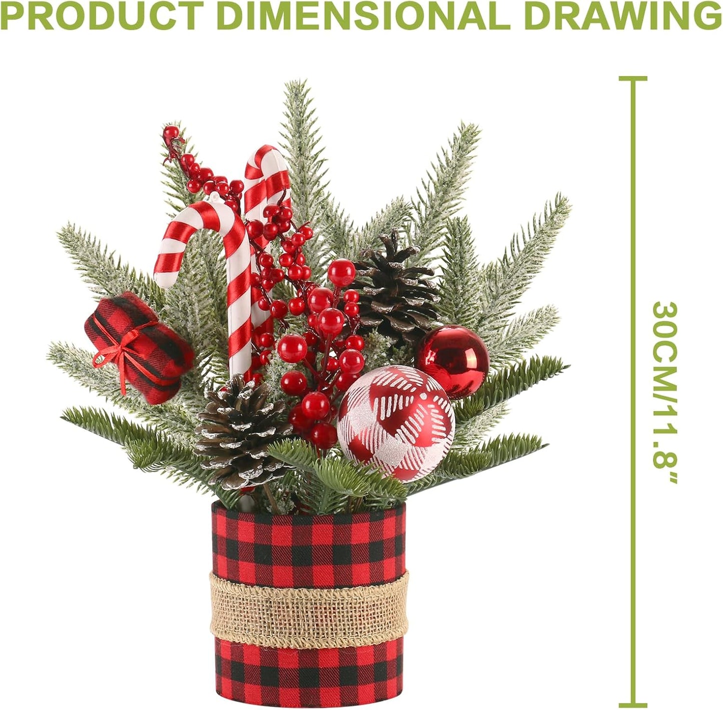 Small Buffalo Check Plaid Christmas Tree, Artificial Mini Tabletop Christmas Tree Decorations with Xmas Ornaments, Red / Black