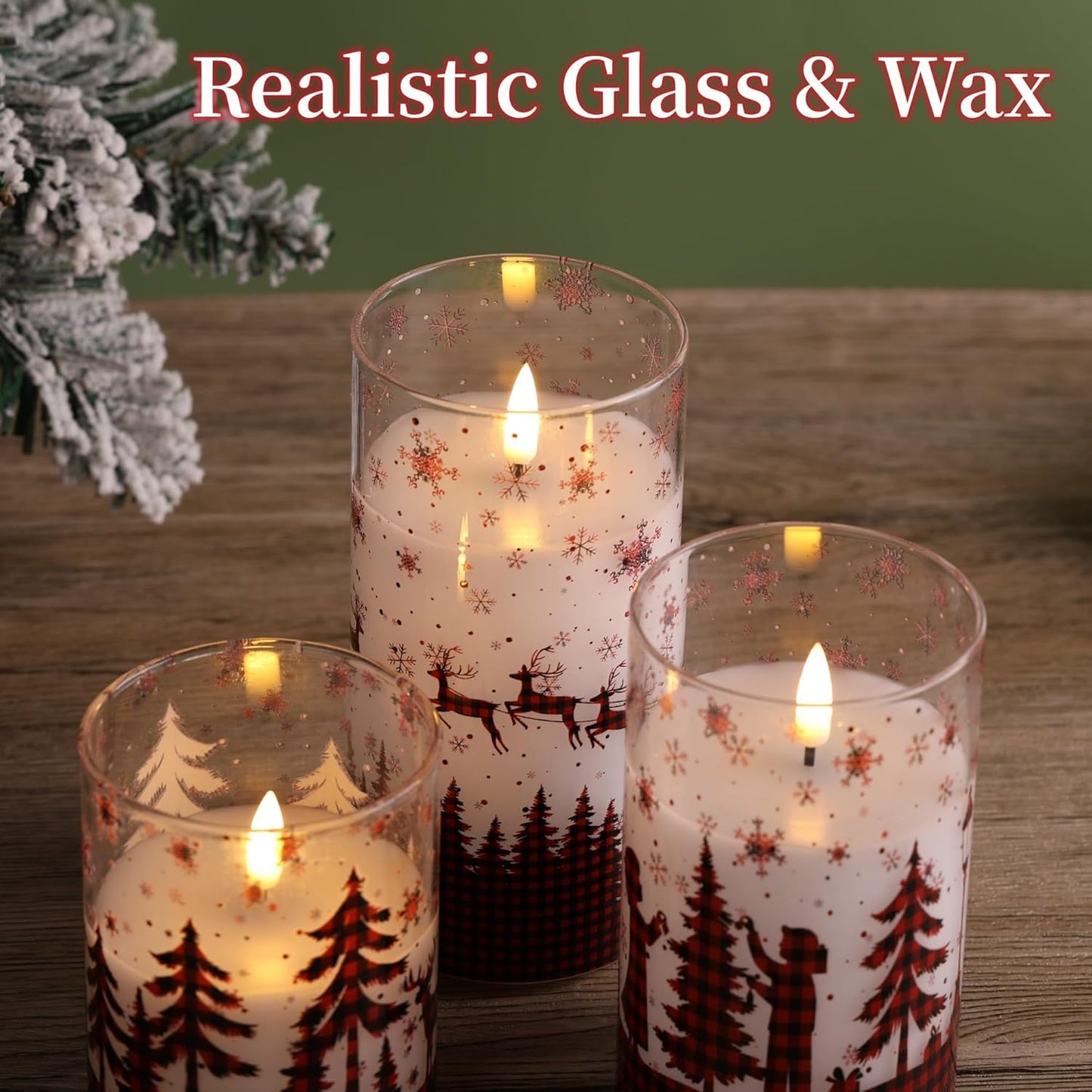 Red Buffalo Plaid Christmas Flameless Candles with Remote, Flickering LED Pillar Candles in Glass, Set of 3