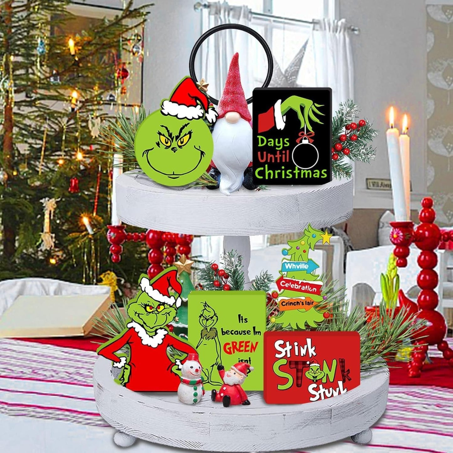 Christmas Tiered Tray Decorations - 6pcs Wooden Signs Table Centerpieces