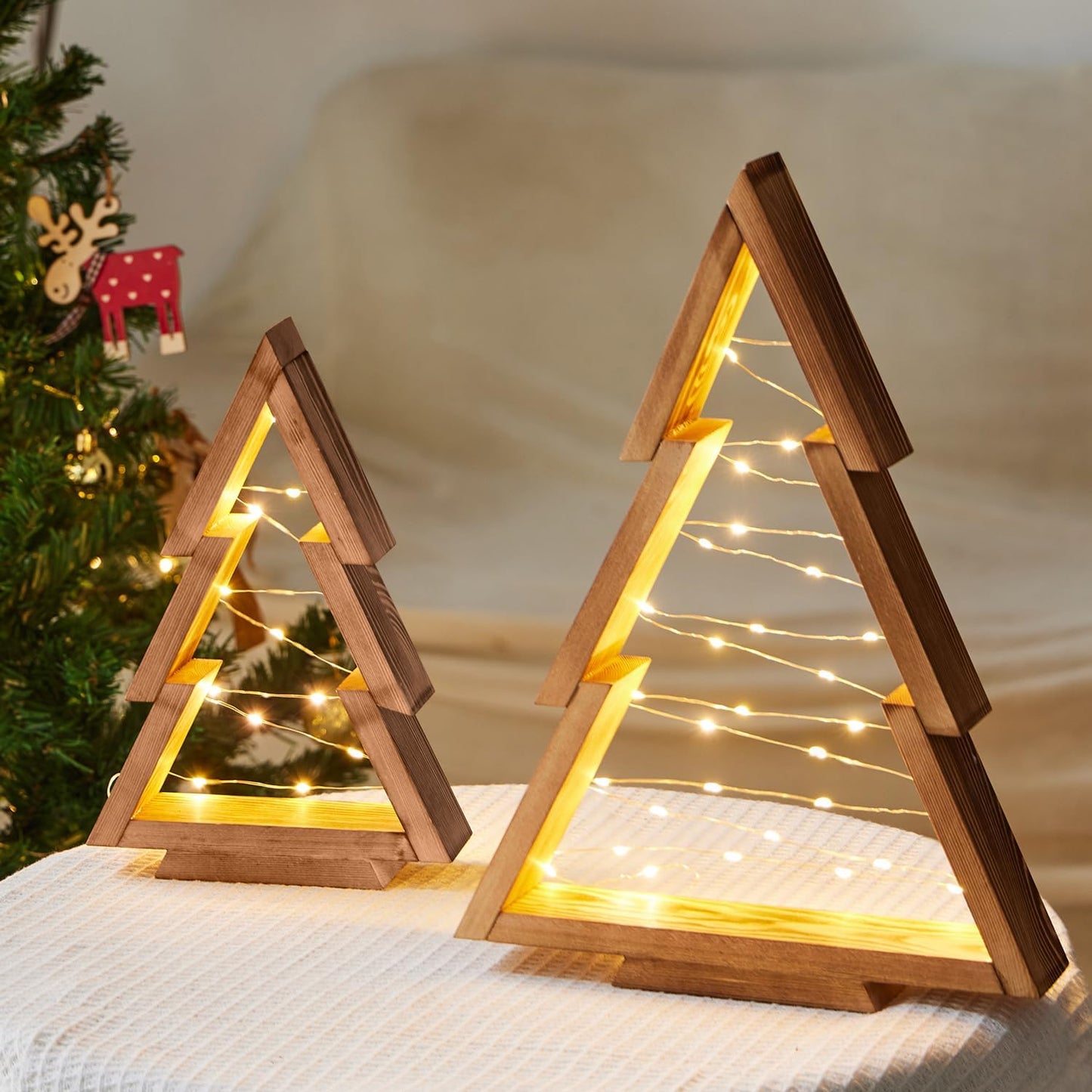 2 Pack Wooden Tabletop Christmas Trees with Lights, Modern Christmas Decorations Indoor, Farmhouse Christmas Decor