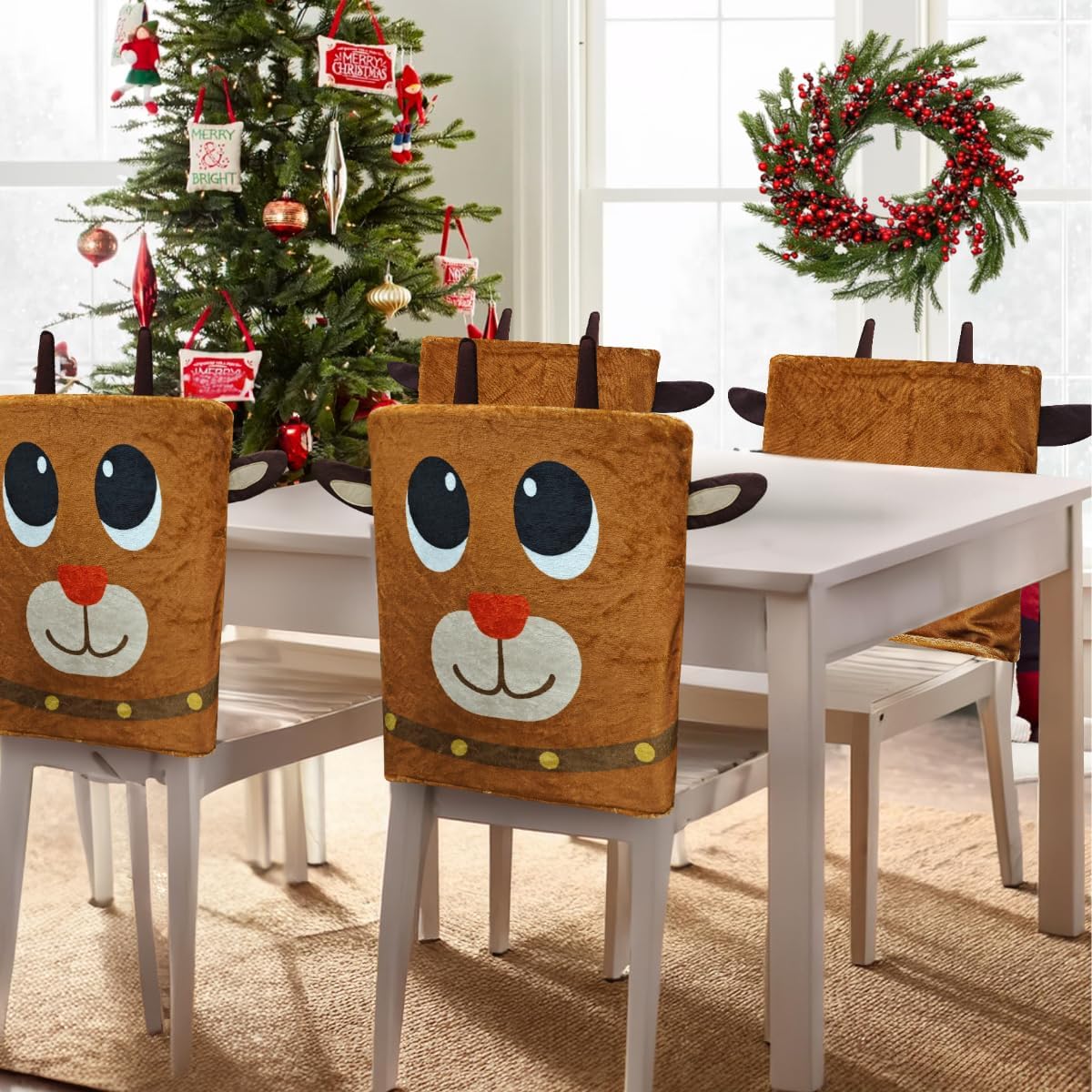 4Pcs Christmas Chair Back Covers: Cute Reindeer Face with Red Nose Dining Chair Covers