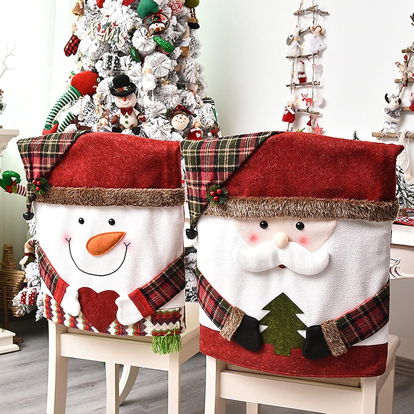 6 Pcs Christmas Chair Back Cover for Dining Room, Santa Claus Snowman Reindeer Xmas Dinner Chairs Cover