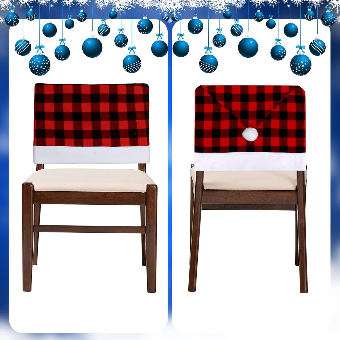 6pcs Christmas Chair Back Cover, Black and Red Grid Chair Slipcovers Hat Buffalo Plaid Christmas Back Covers