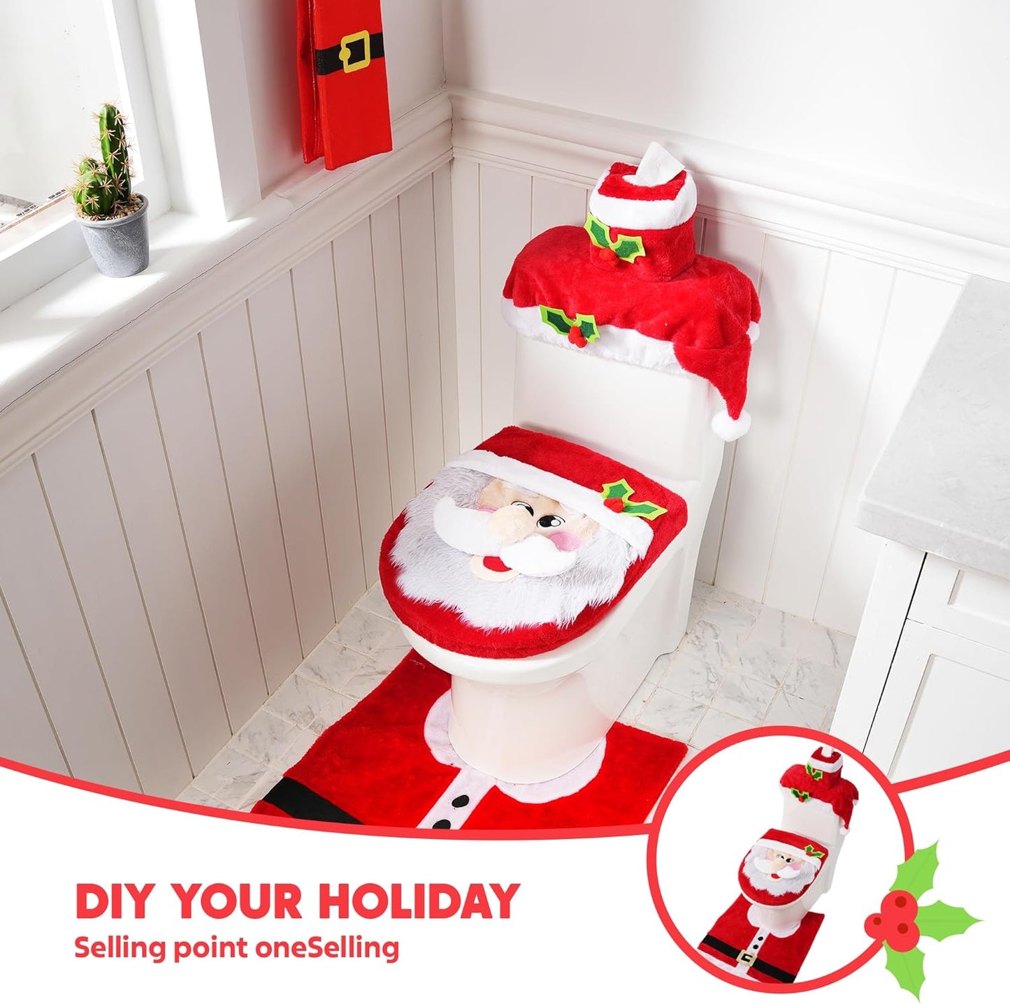 5 Pieces Christmas Theme Bathroom Decoration Set w/Toilet Seat Cover, Rugs, Tank Cover, Toilet Paper Box Cover, Santa