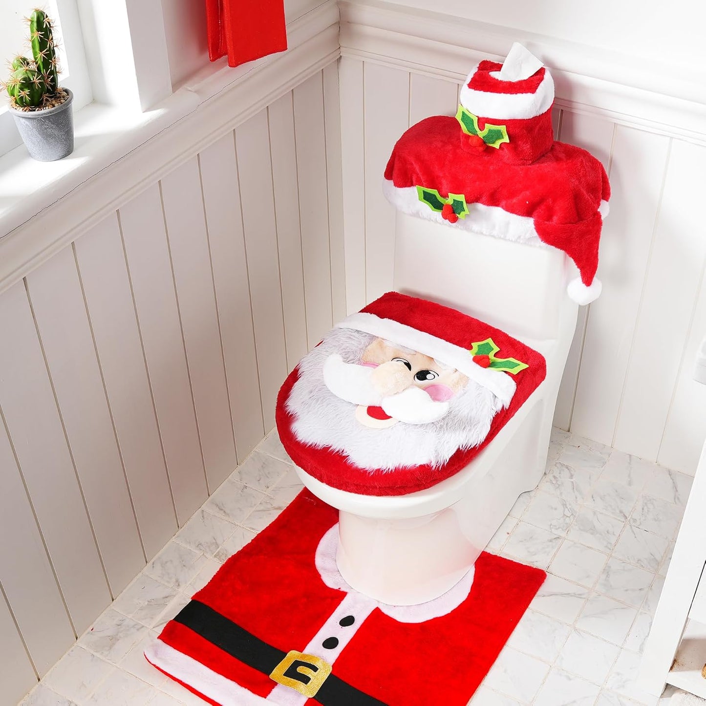 2 Set 5 Pieces Christmas Theme Bathroom Decoration Set w/Toilet Seat Cover, Rugs, Tank Cover, Toilet Paper Box Cover and Santa Towel for Xmas